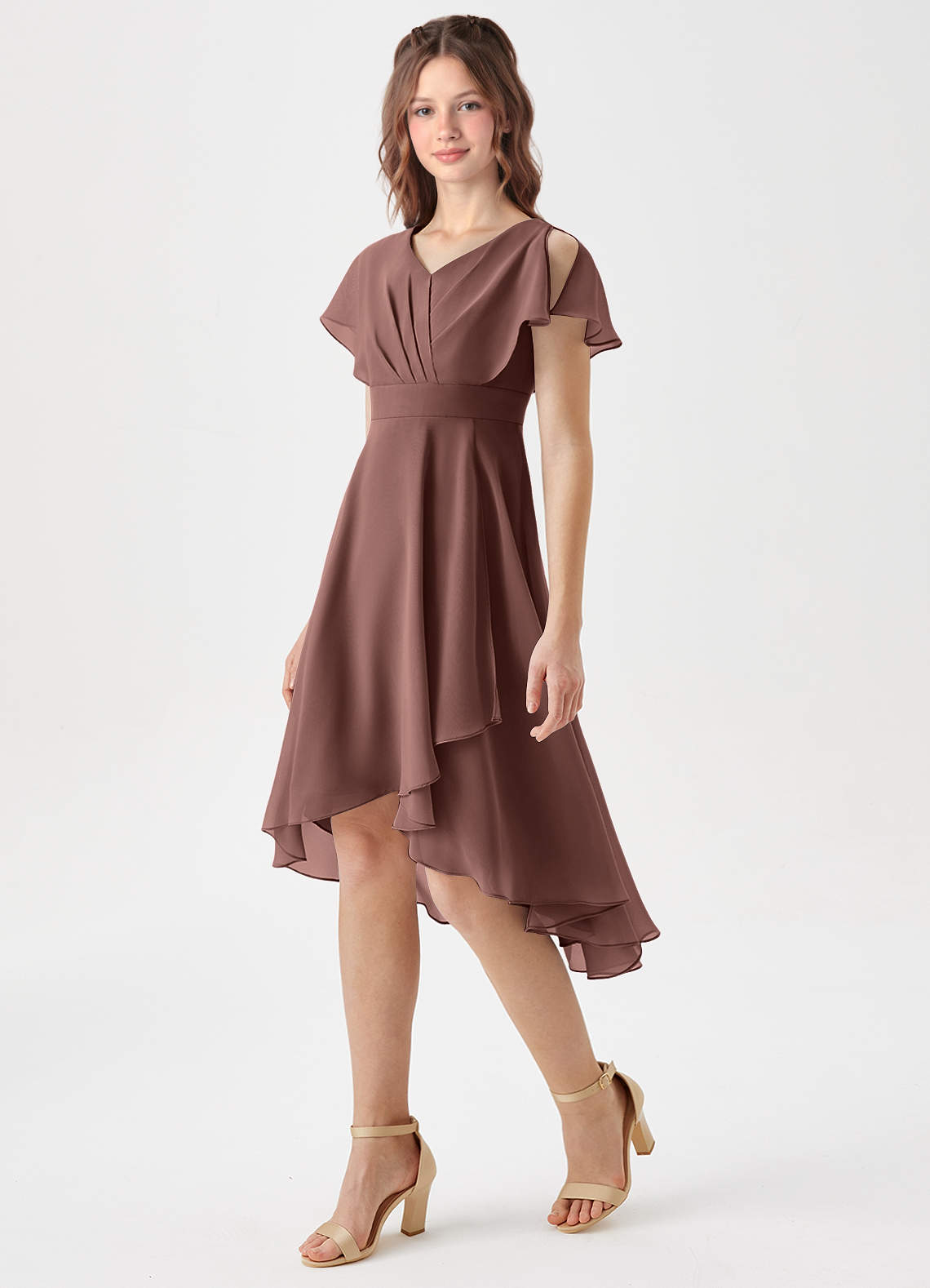 Azazie Graciela Junior Espresso A-Line Pleated Chiffon Dress image1