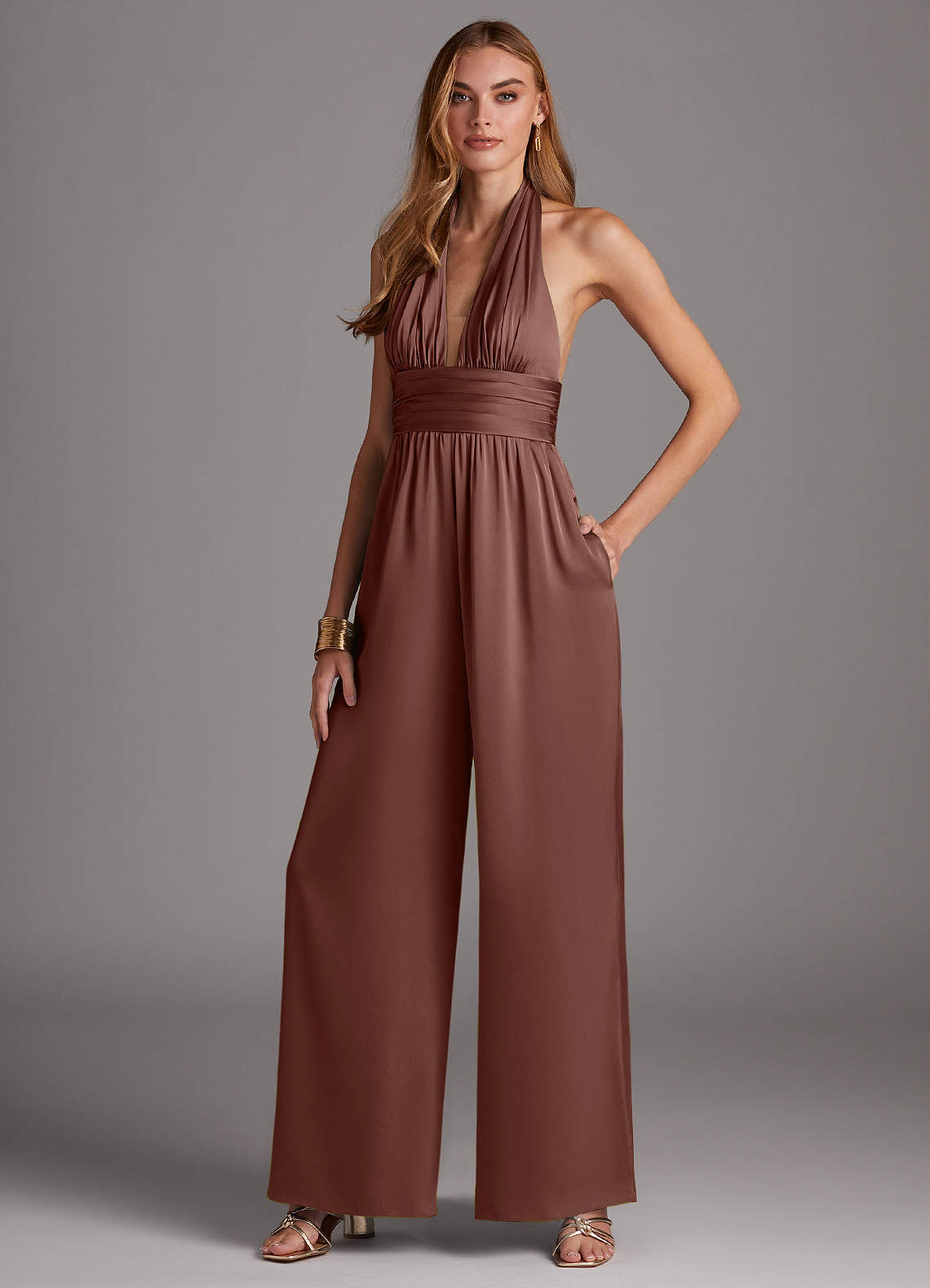 Azazie Oli Bridesmaid Dresses Espresso Pleated Stretch Satin Jumpsuit image1