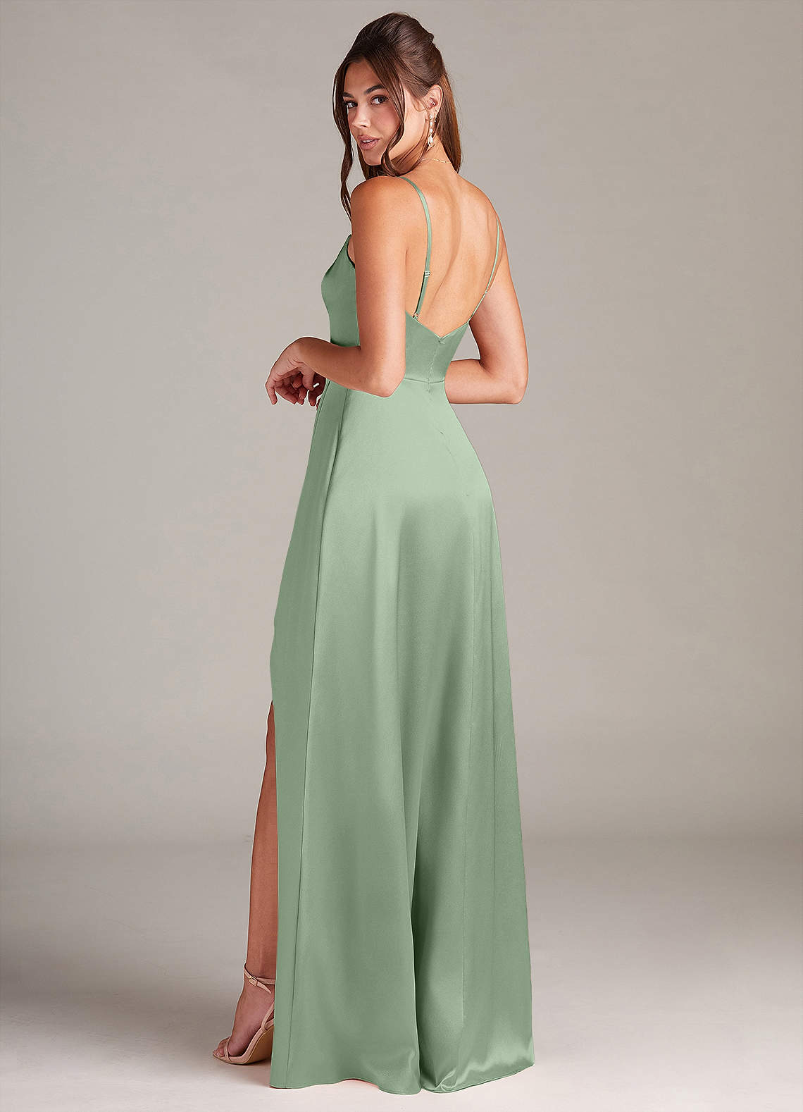 Azazie Sarella Bridesmaid Dresses Matcha A-Line with Pockets Metallic Satin Dress image3