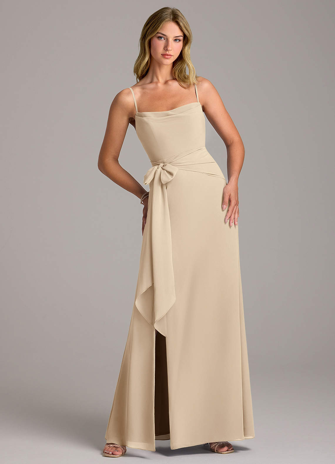 Azazie Tahlia Bridesmaid Dresses Champagne A-Line with Belt Chiffon Dress image1