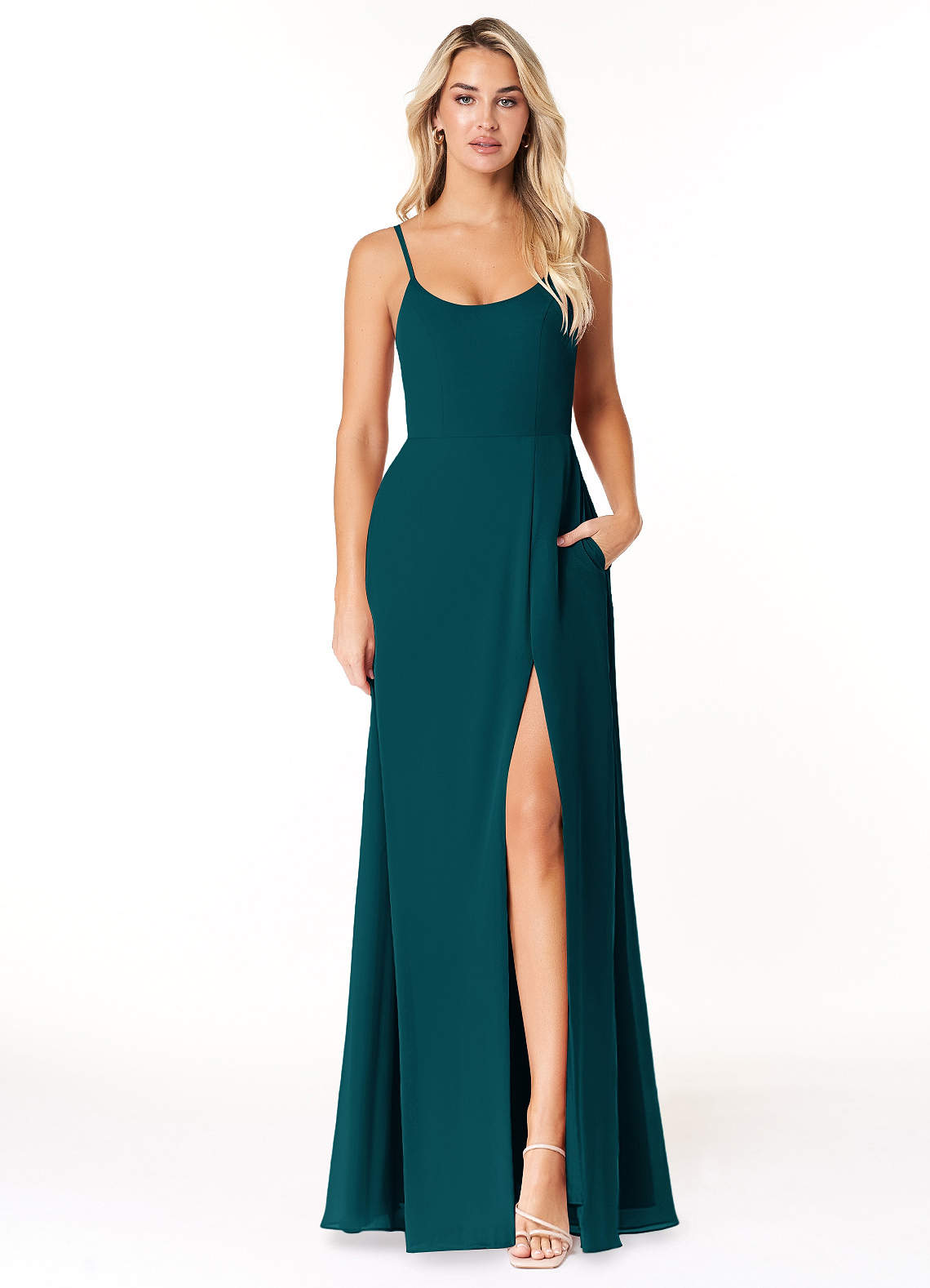 Azazie Moira Robes de demoiselle d'honneur Robe Trapèze en Mousseline de soie Décolleté Vert Pin image1