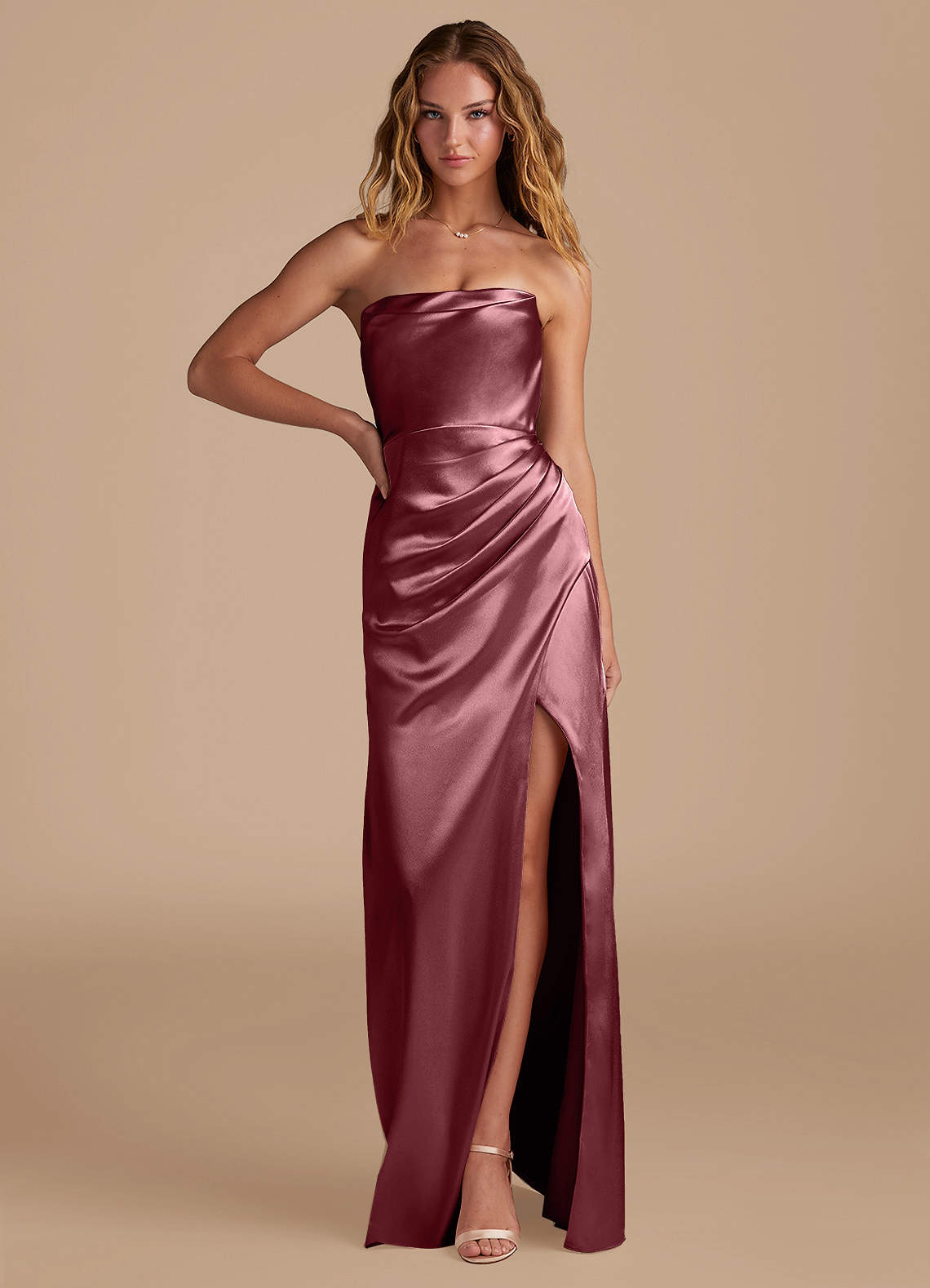 Azazie Leonis Bridesmaid Dresses Desert Rose Mermaid Pleated Metallic Satin Convertible Dress image1