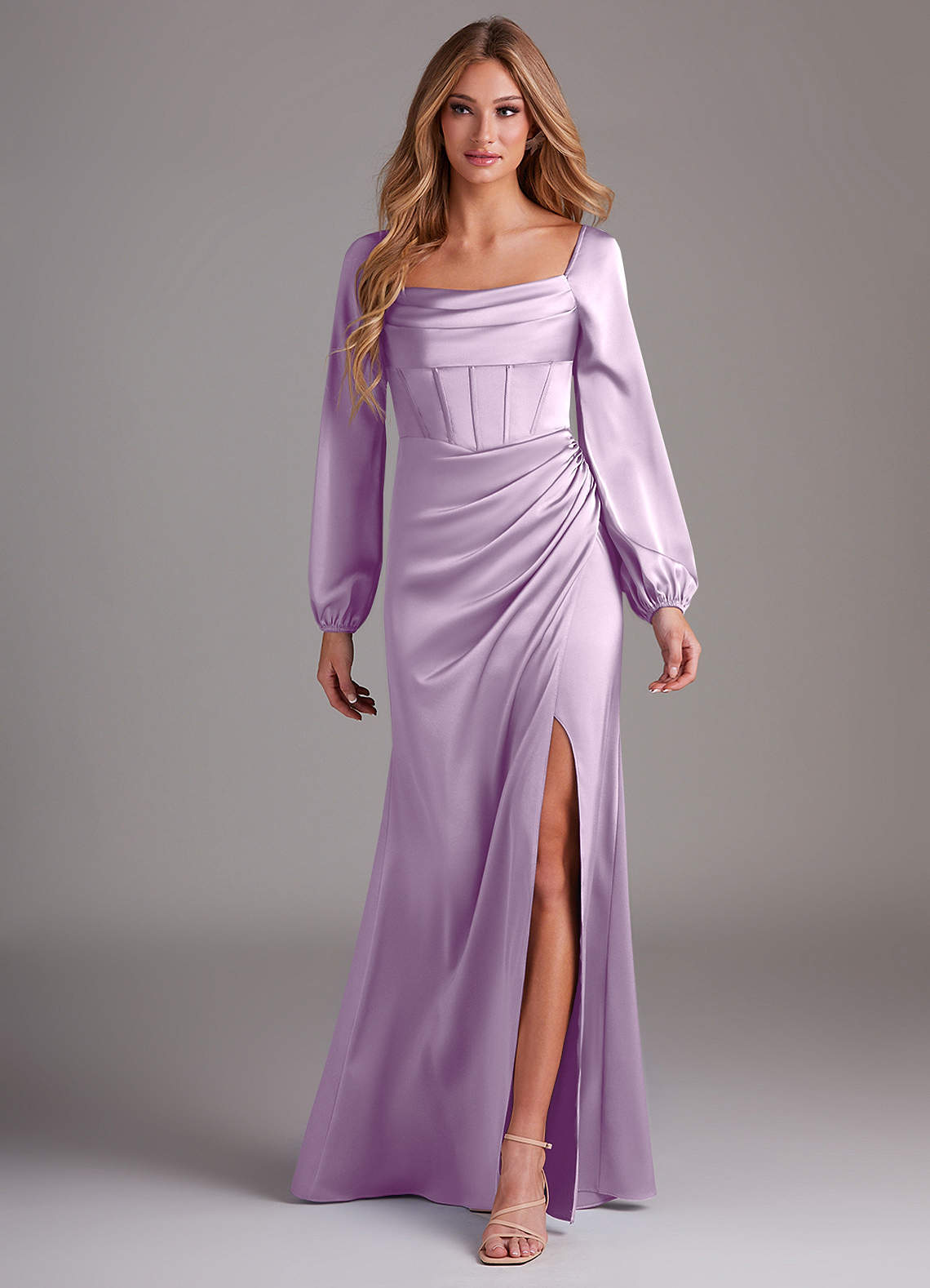Azazie Charissa Bridesmaid Dresses Frosted Lilac Sheath Long Sleeve Stretch Satin Dress image1