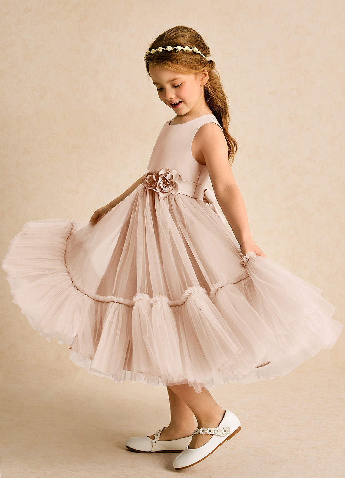 Azazie Miracle vestidos de niña de las flores Vestido de Rosa Inglesa de Satin Mate de Corte En A con Lazo image1