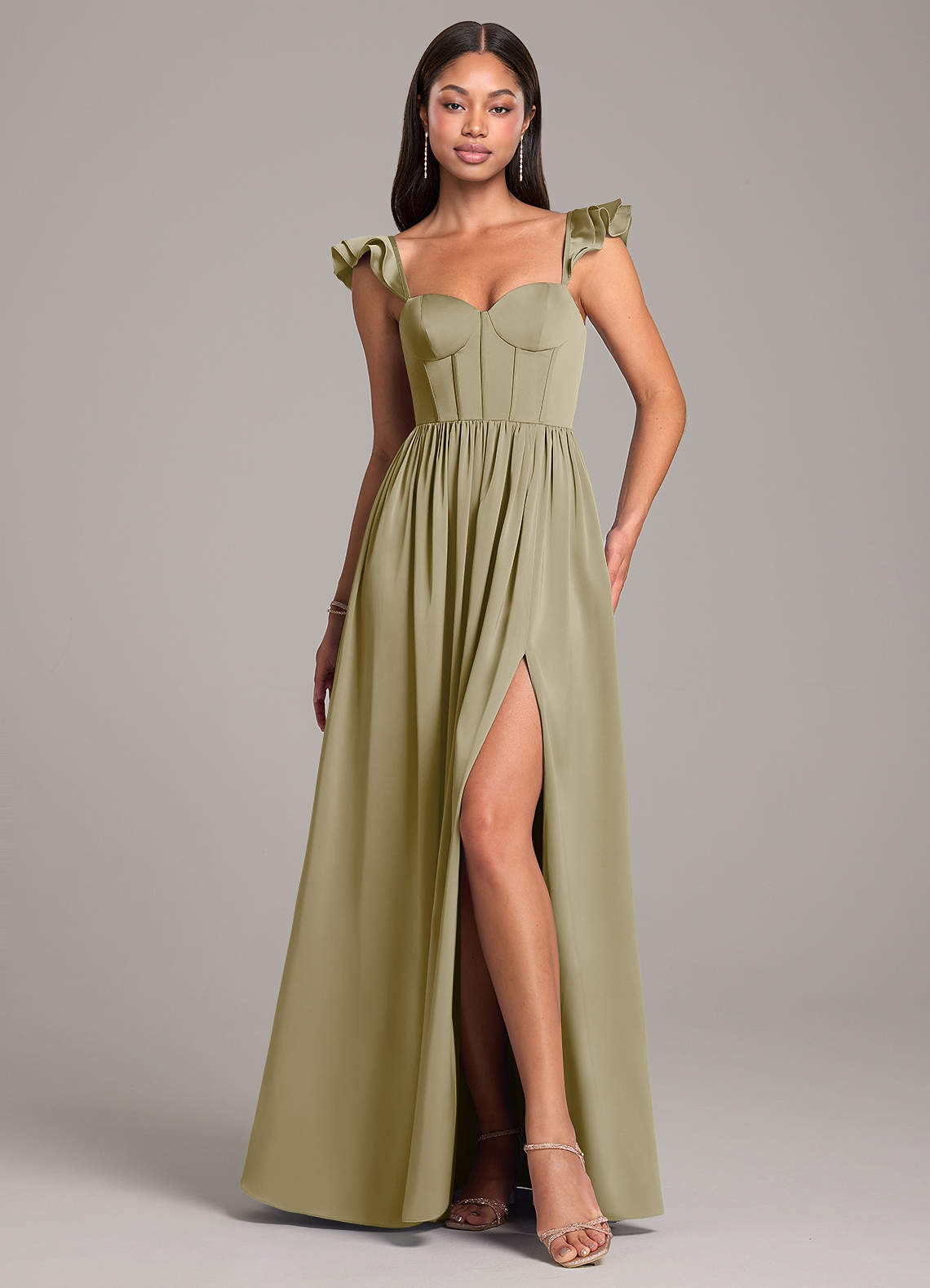 Azazie Denisse Bridesmaid Dresses Moss Green A-Line Ruched Stretch Satin Dress image1