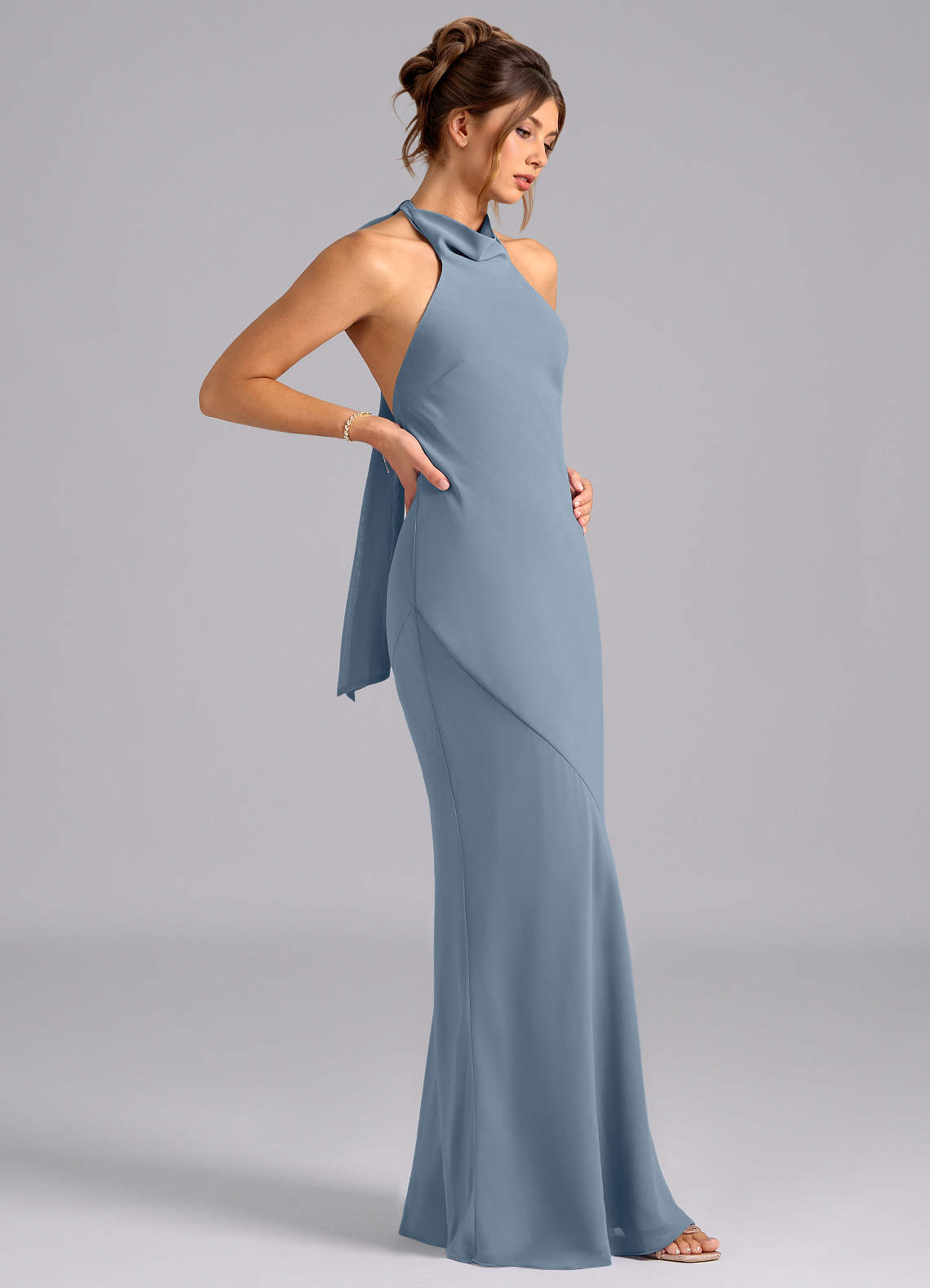 Azazie Velli Bridesmaid Dresses Dusty Blue Mermaid High Neck Chiffon Dress image3