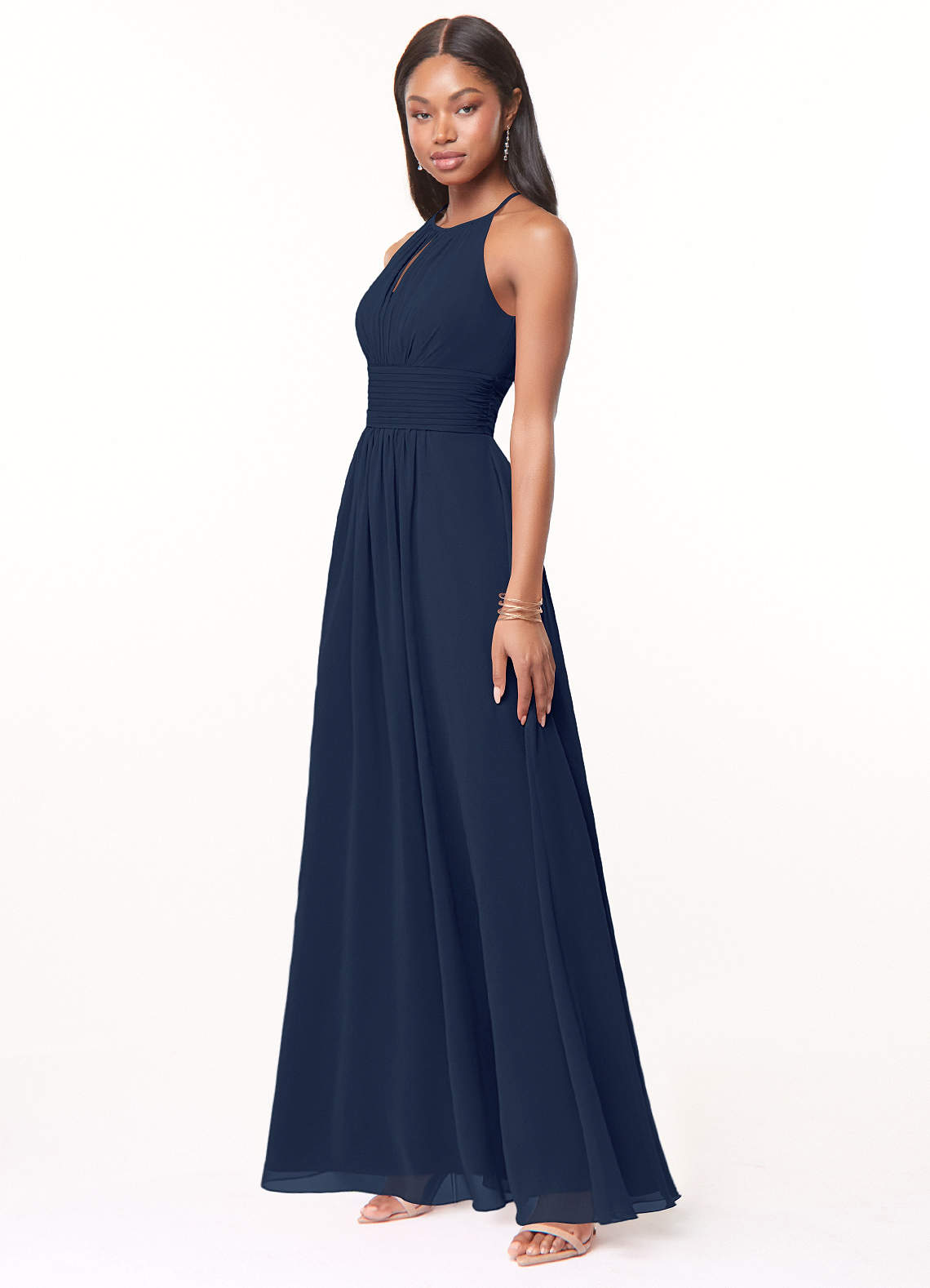 Azazie Plus Size A Line Halter Floor Length Chiffon Bridesmaid Dresses Dark Navy