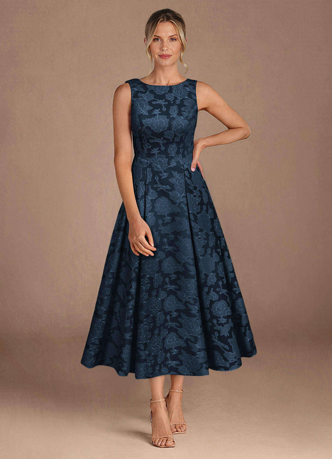 Azazie Fulton Mother of the Bride Dresses Dark Navy A-Line Pleated Floral Burnout Dress image3