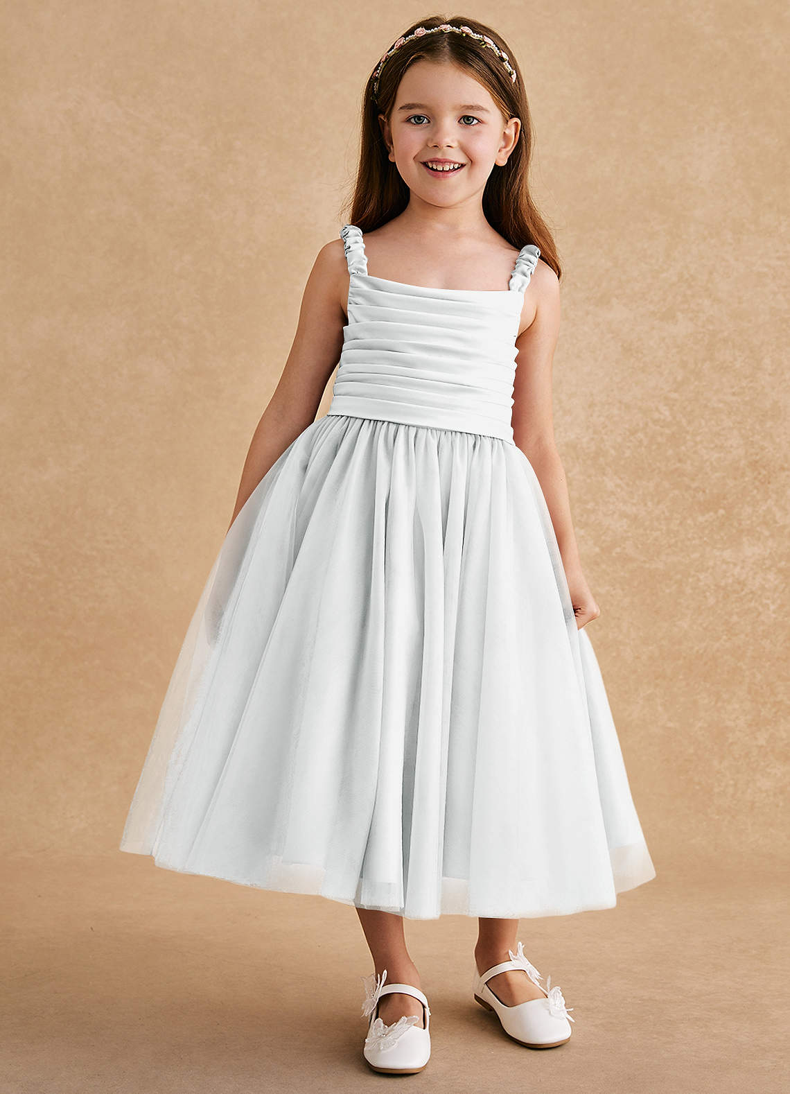Azazie Gabbie Flower Girl Dresses Diamond White A-Line Pleated Matte Satin Dress image1