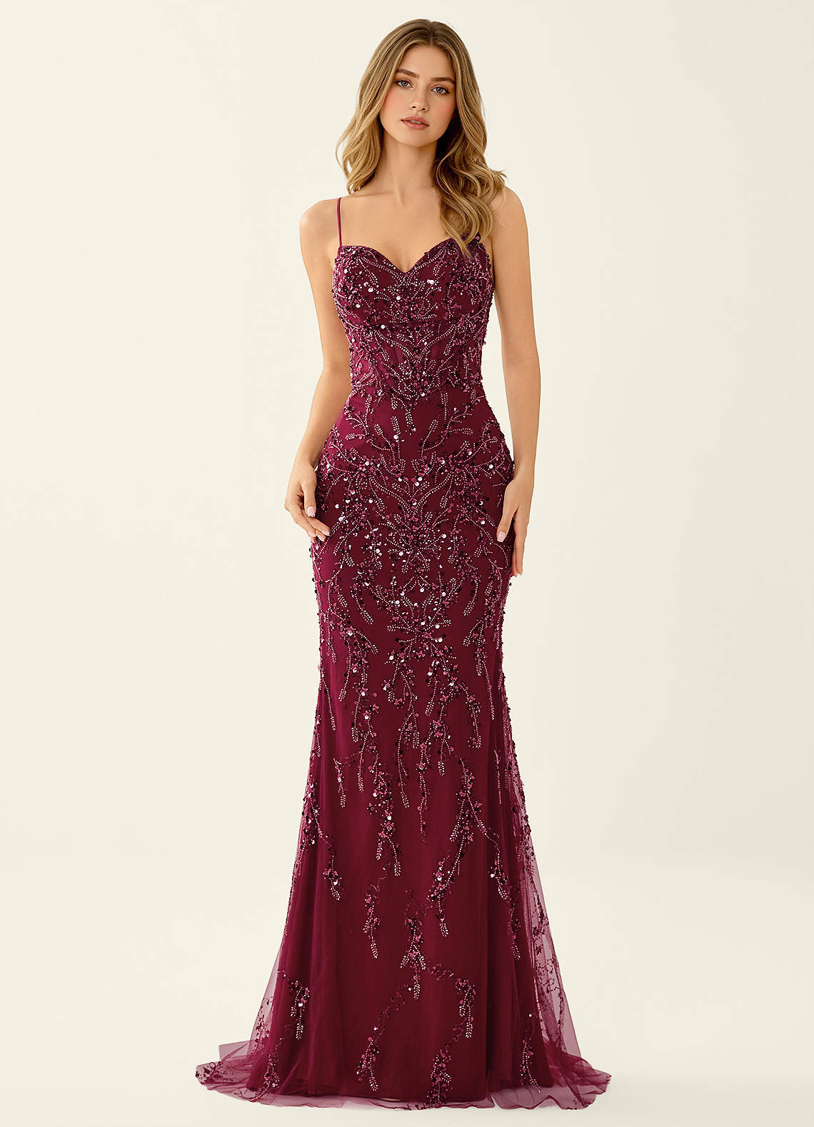 Zivah Burgundy Beaded Corset Lace Up Back Mermaid Dress image3