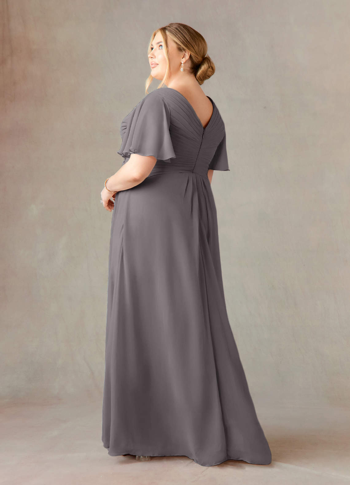 Azazie Morning Glory Steel Grey A-Line V-Neck Ruched Chiffon Dress | Azazie