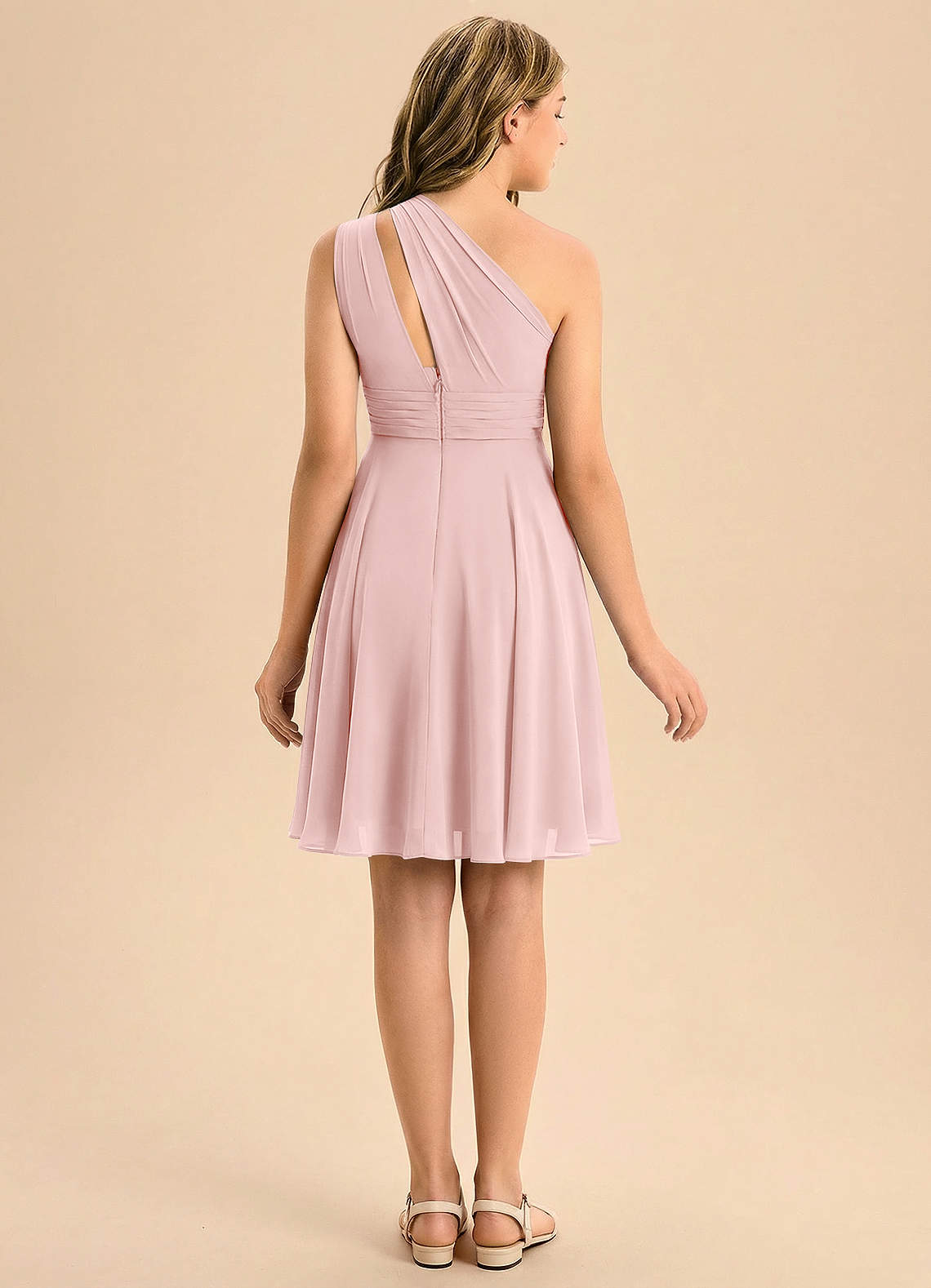 Azazie Charlize Junior Vestido de Rosa Empolvado de Gasa de Corte en A con Plisado image1