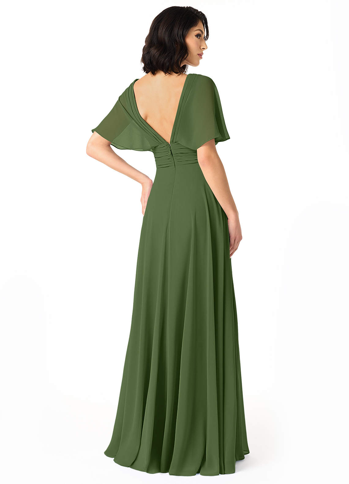 Azazie Pamela Bridesmaid Dresses Olive A-Line V-Neck Pleated Chiffon Dress image1