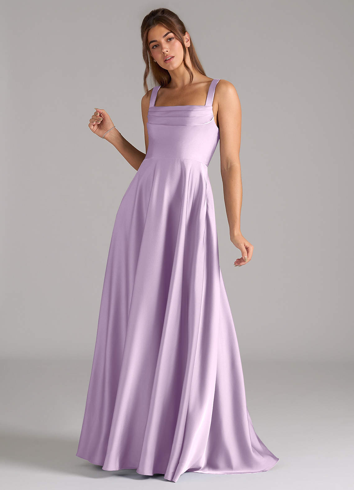 Azazie Shaude Bridesmaid Dresses Frosted Lilac A-Line Pleated Stretch Satin Dress image4