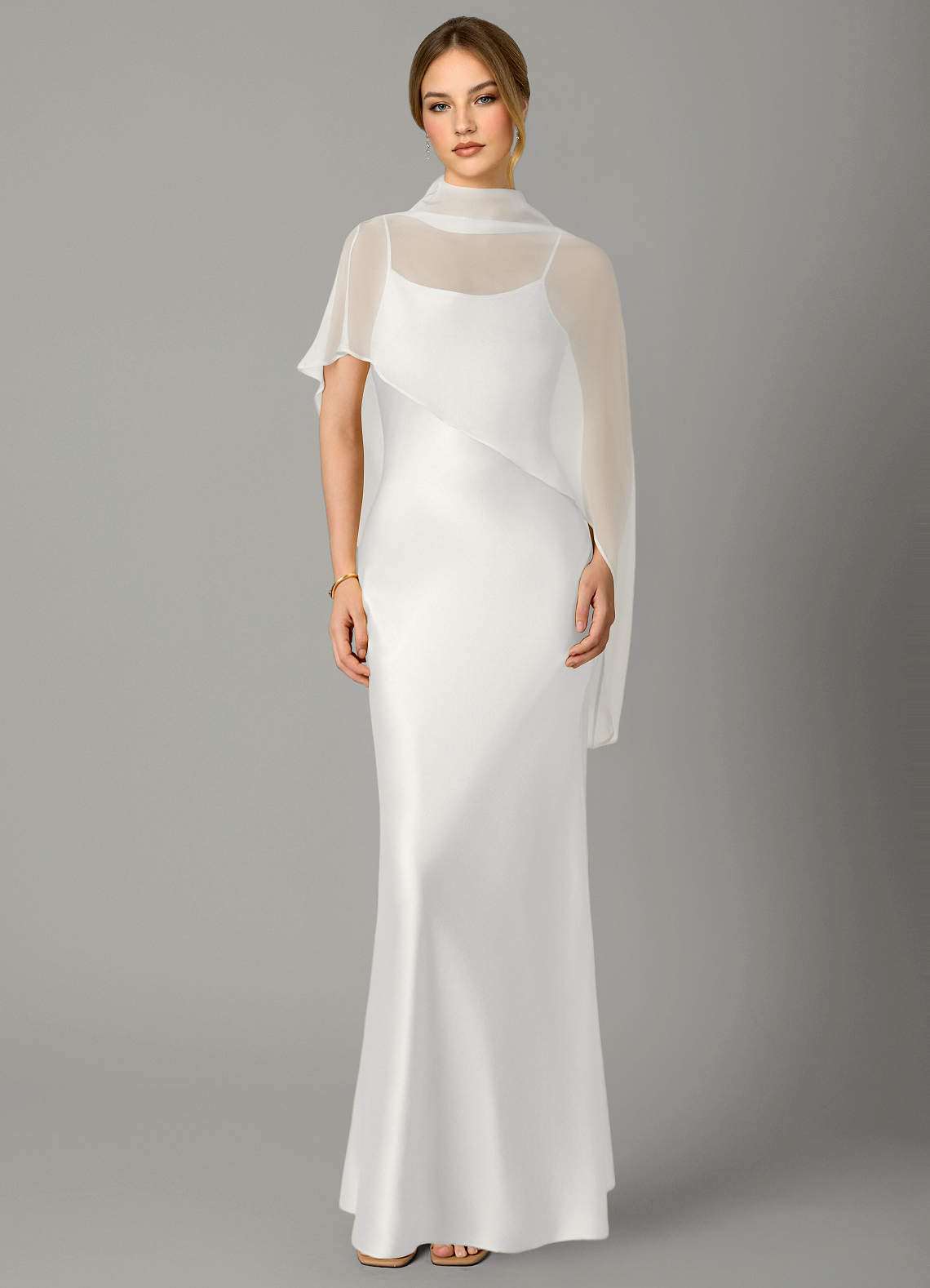 Azazie Jaleesa Brautjungfernkleider A-Linie Hoher Kragen Stretch-Satin Kleid Weiß image1