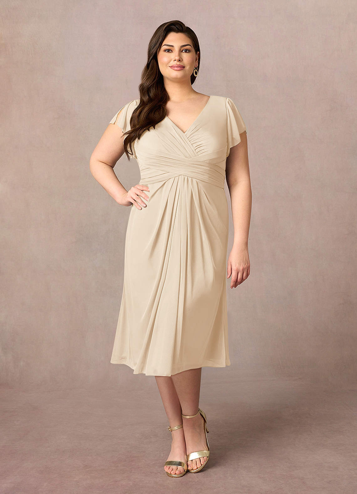 Azazie Vera Abiti per la Madre della Sposa Abito A-Line in Maglia con Scollo a V a Pieghe Champagne image5