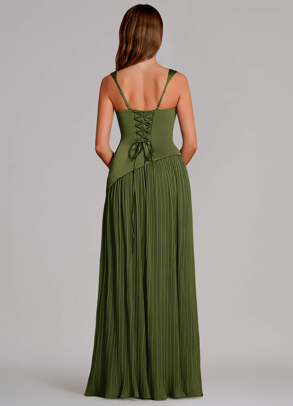Azazie Stephanie Vestidos de madrinha de casamento Vestido Oliva de Cetim elástico de Linha A com Plissado image4