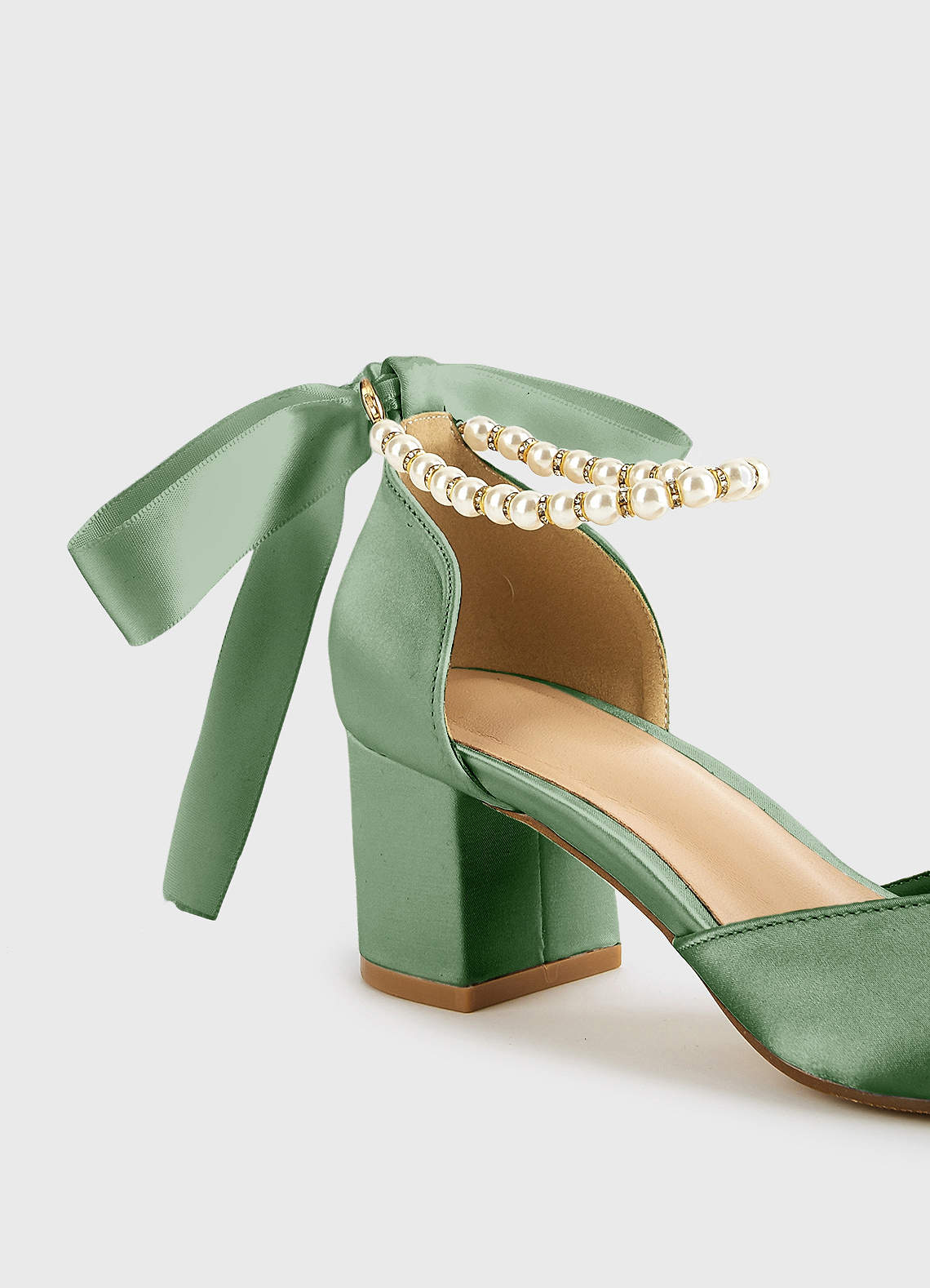 front Matching Color Matte Satin Pearl and Bow Pointed Toe Block Heels