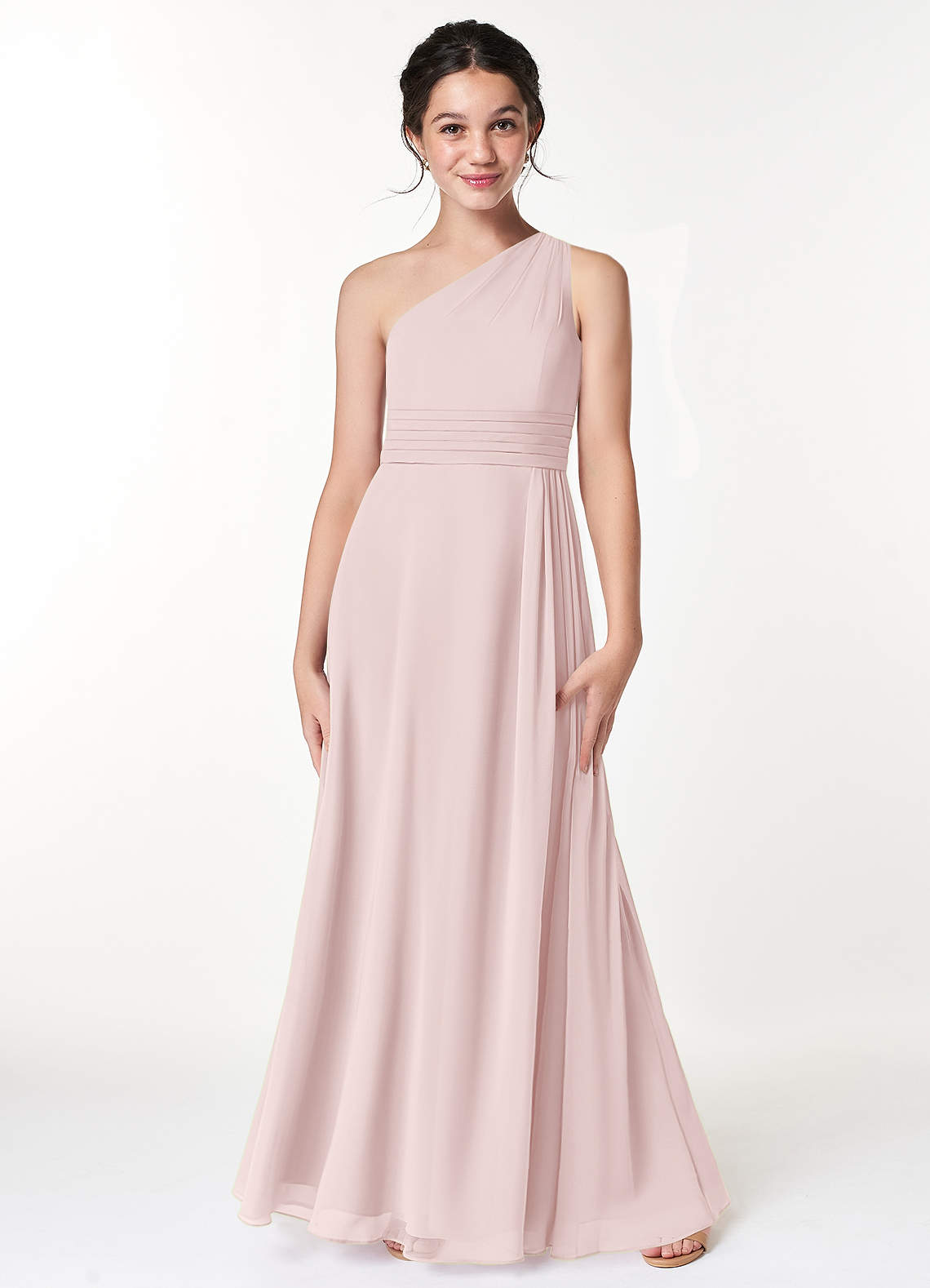 Azazie Cleo Junior Blushing Pink A-Line Pleated Chiffon Dress image1