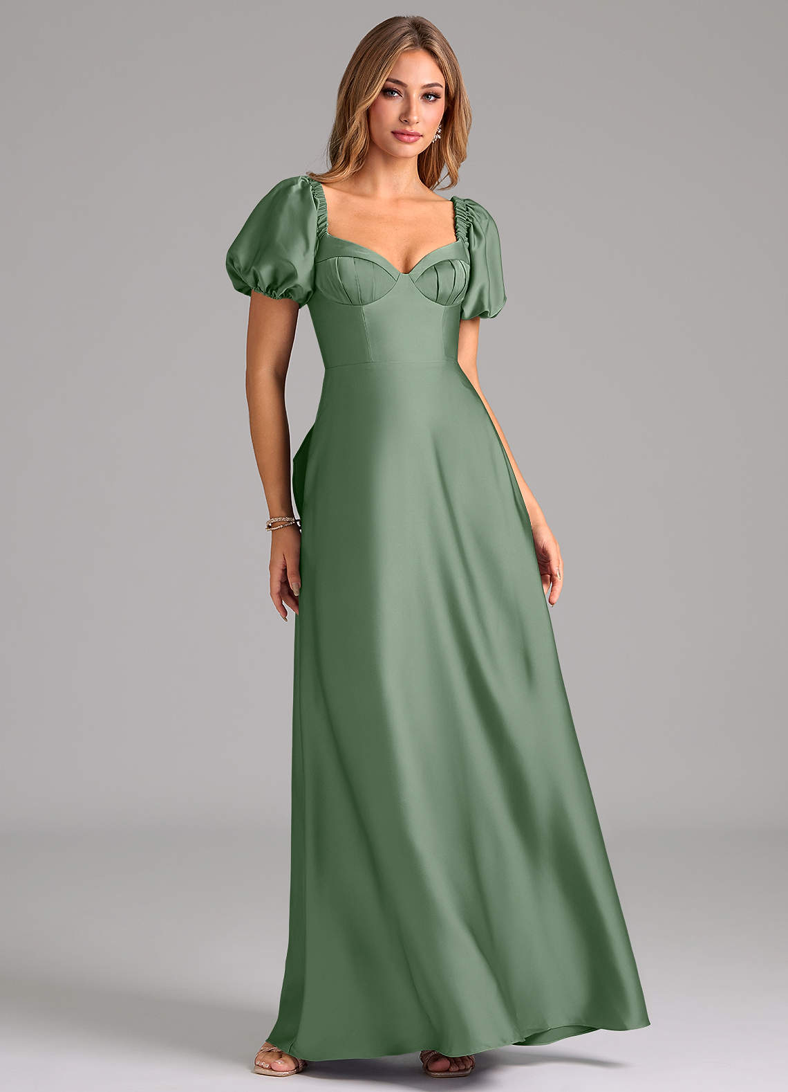 Azazie Fatima Vestidos de damas de honor Vestido de Matcha de Satén Elástico de Corte en A con Plisado image1