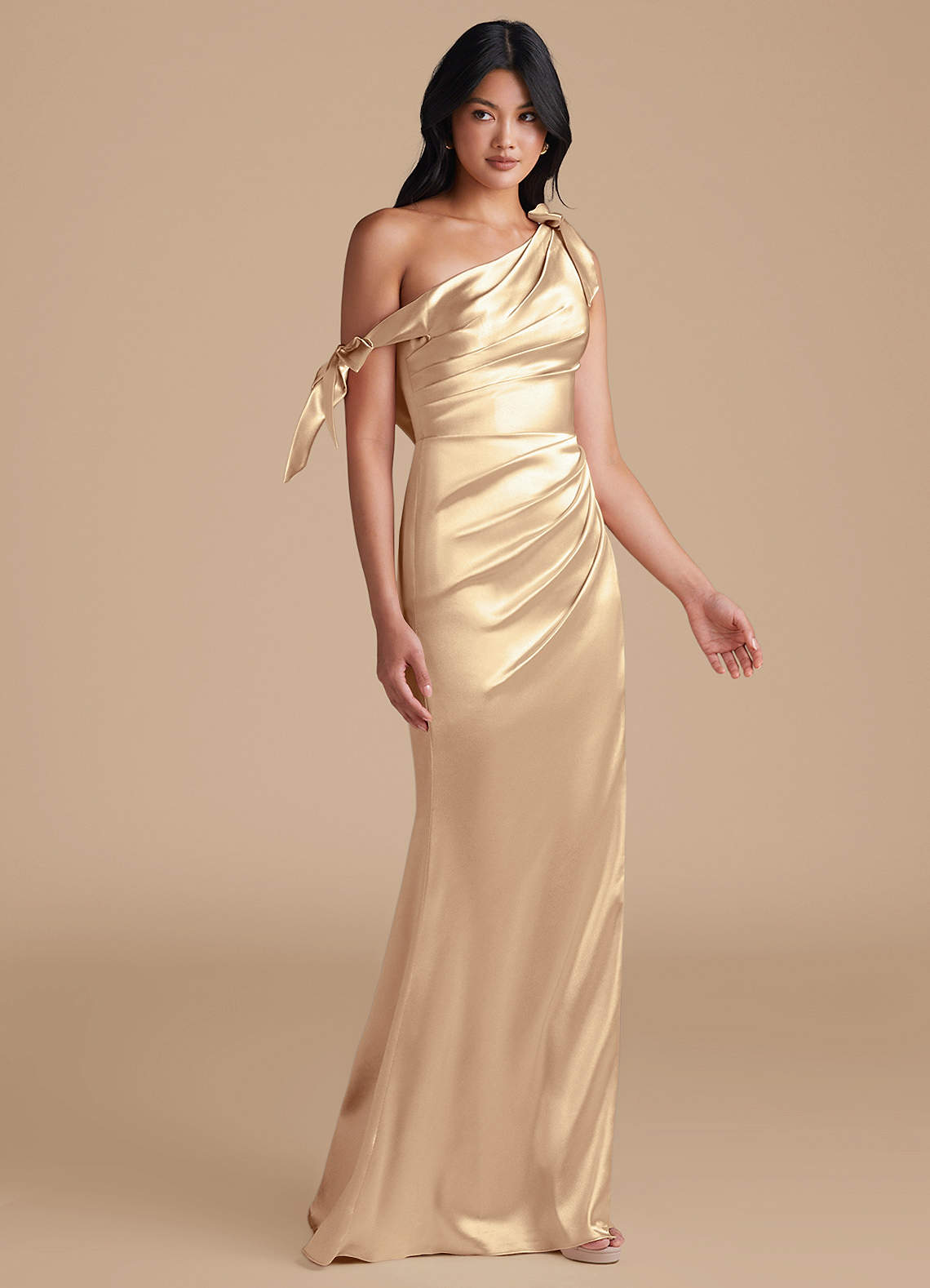 gold satin one shoulder dress Satin Fitted One Shoulder Slit Gown by Ladivine 7454