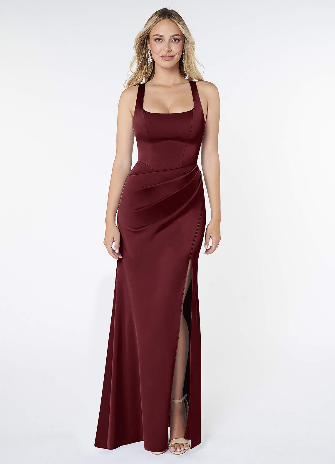 Azazie Mero Bridesmaid Dresses Cabernet Sheath Pleated Stretch Satin Dress image1