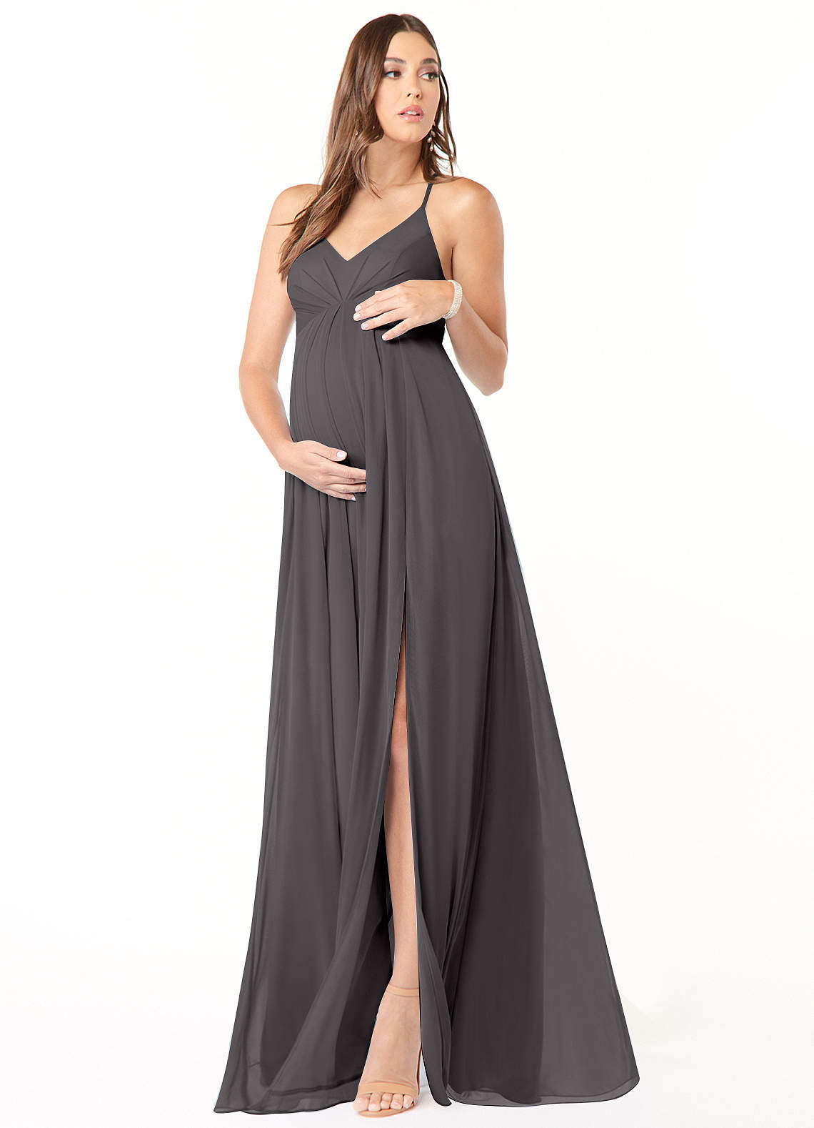Azazie Annabelle Maternity Bridesmaid Dresses A-Line V-Neck Pleated Mesh Floor-Length Dress image1