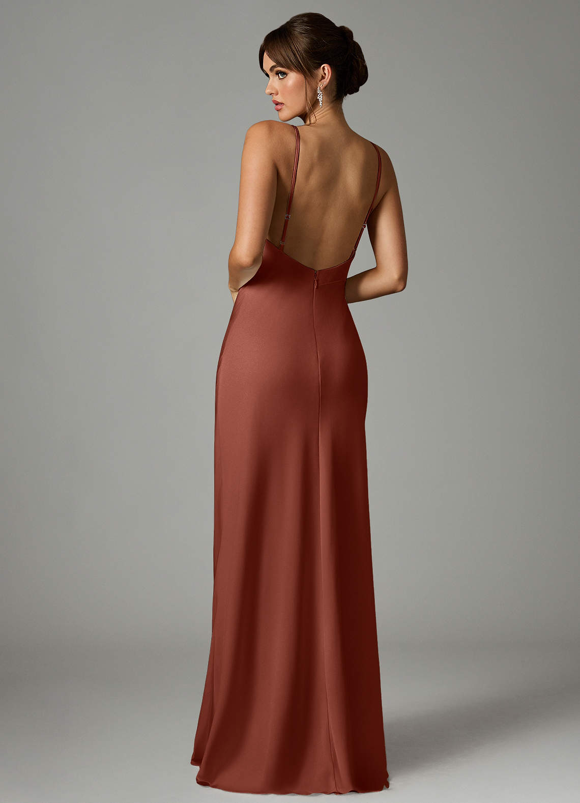 Azazie Stefania Vestidos de madrinha de casamento Vestido Castanho Aloirado de Cetim elástico de Linha A image1