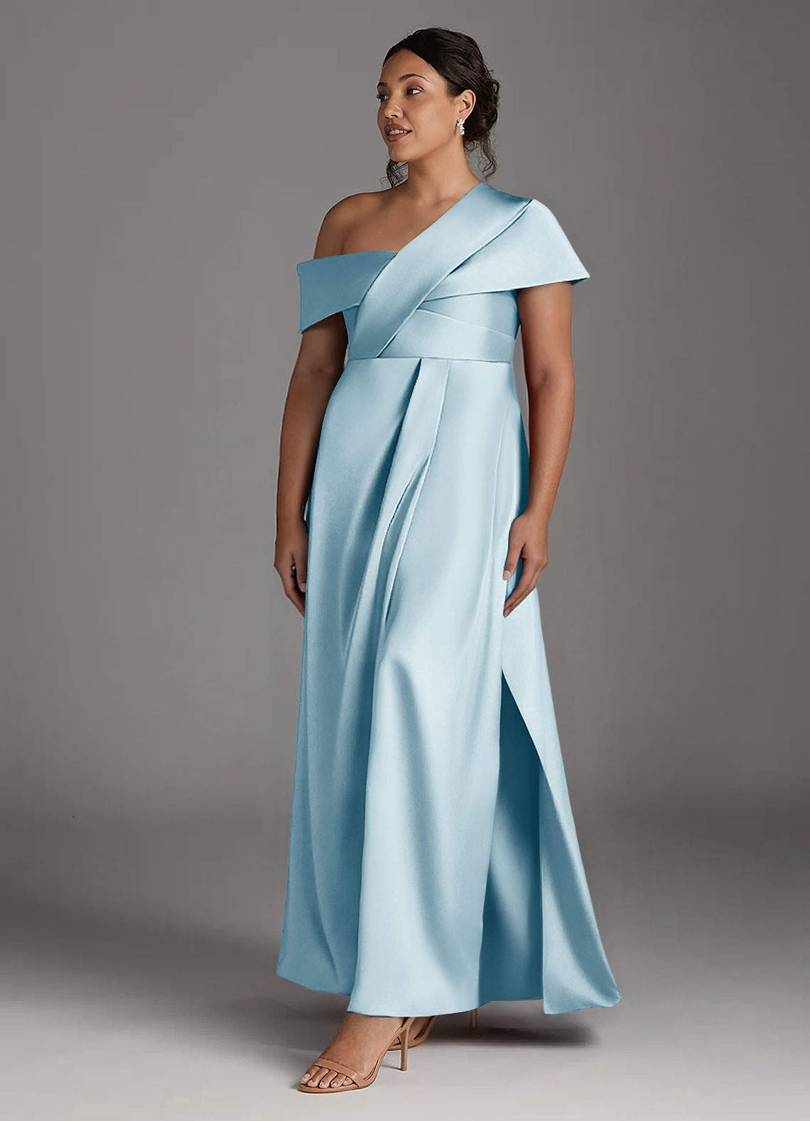Azazie Milton Abiti per la Madre della Sposa Abito A-Line in Raso Elasticizzato Plissettato Azzurro image10