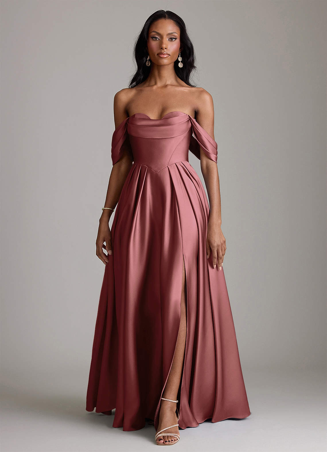 Azazie Loisa Suknie dla druhen Linia A Zza ramienia Satyna elastyczna Do ziemi Sukienka image6