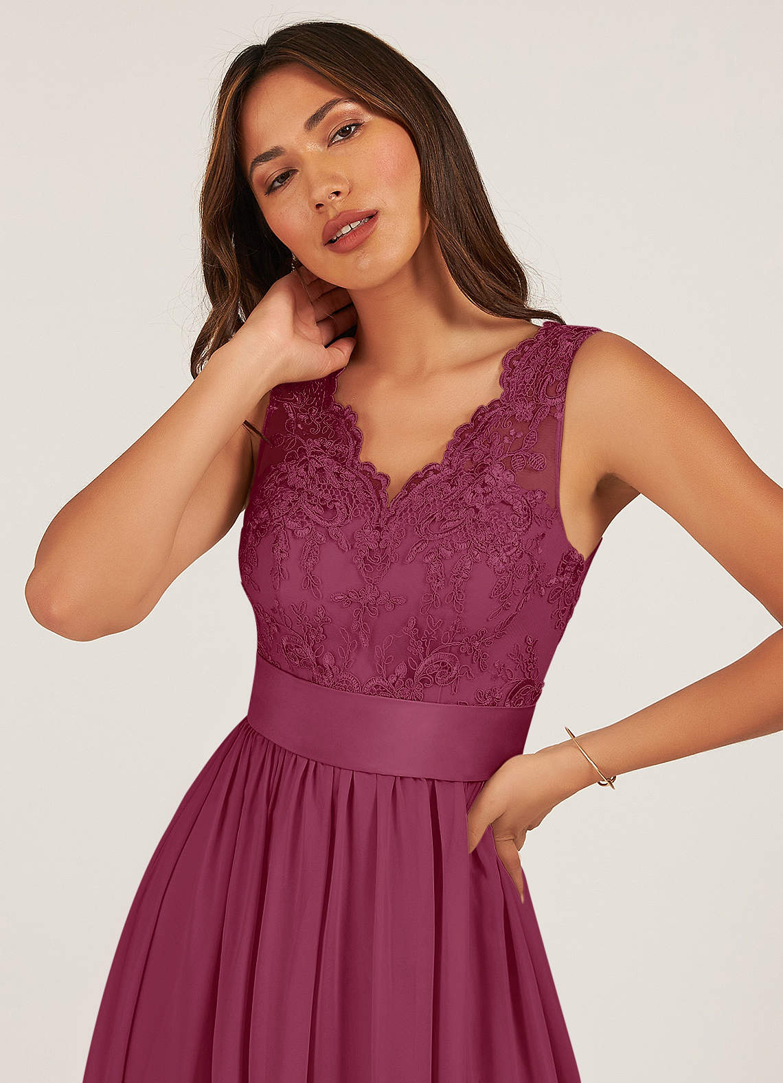 Azazie Gertrude At-home Try On Dresses Mulberry A-Line Lace Chiffon Dress image5