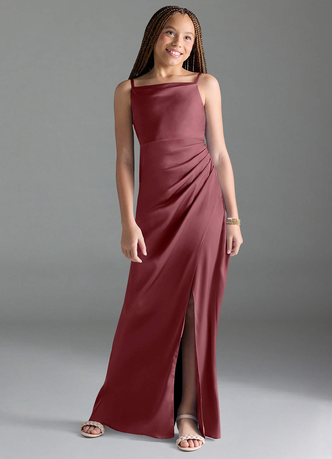 Azazie Leonis Junior Vestido Rosa Do Deserto de Cetim elástico de Linha A com Plissado image1