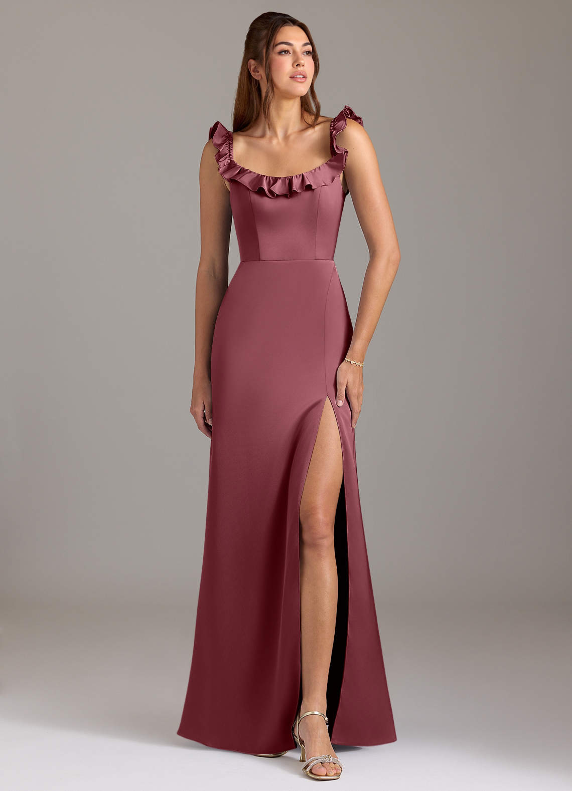 Azazie Callie Bridesmaid Dresses Desert Rose A-Line Ruched Stretch Satin Convertible Dress image1