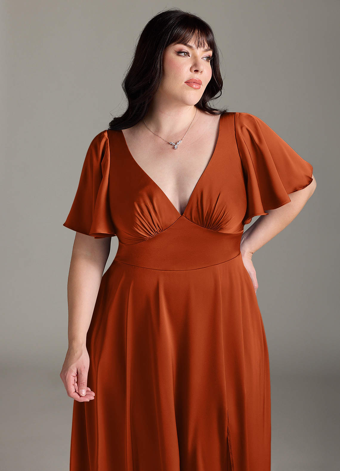 Azazie Kimber Bridesmaid Dresses Burnt Orange A-Line Ruched Stretch Satin Dress image10