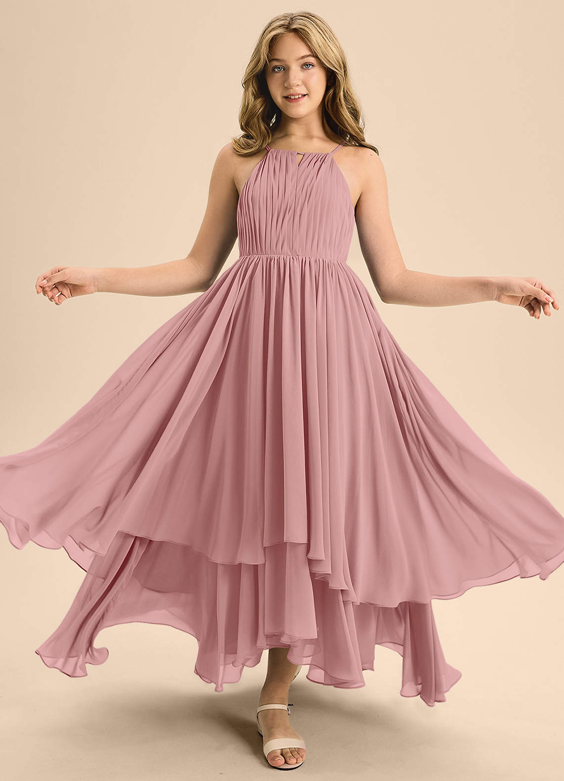 Azazie Elliora Junior A-Linie Plissee Chiffon Kleid Altrosa image4
