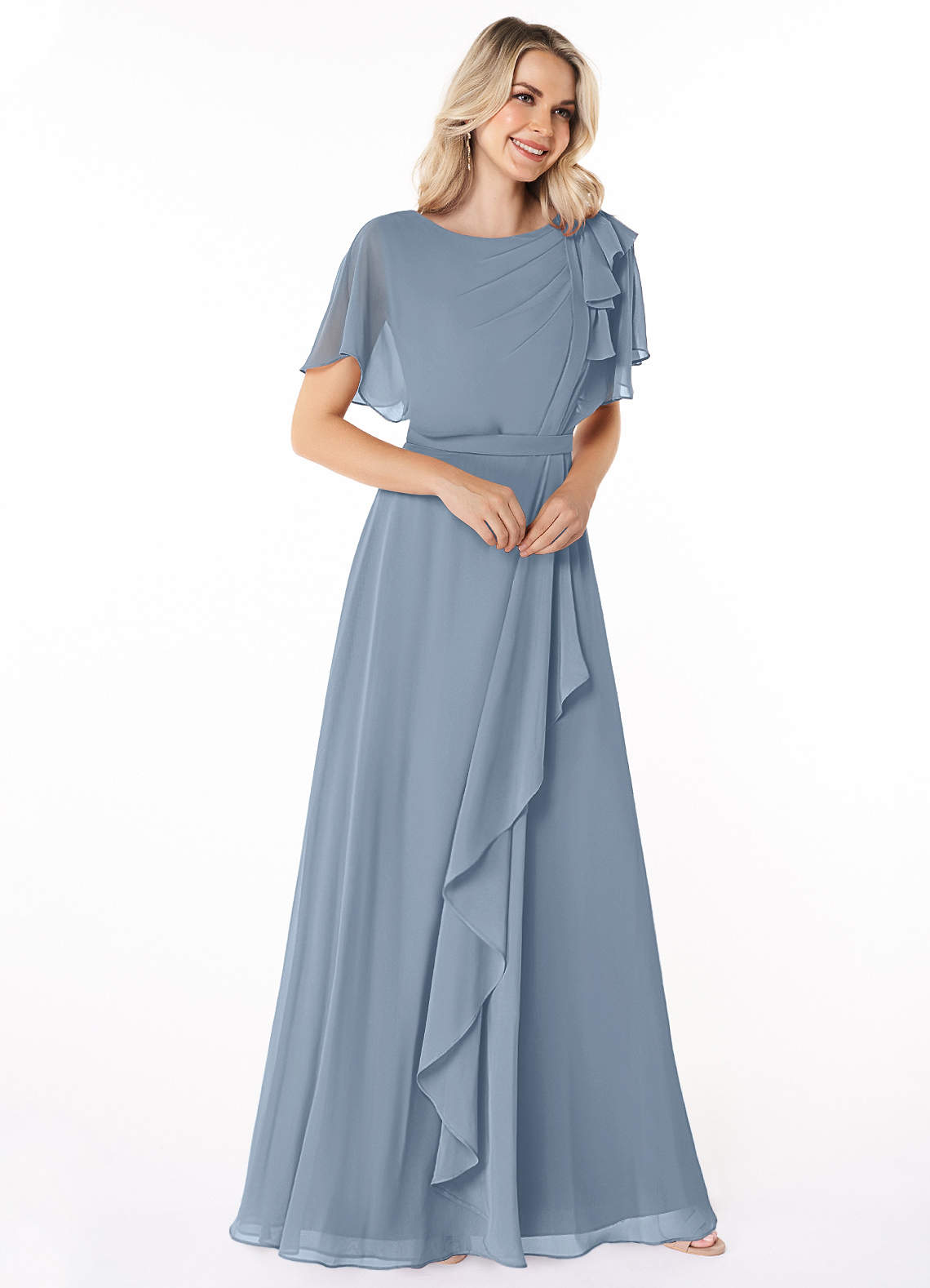 Azazie Aaliyah Modest Bridesmaid Dresses A-Line Scoop Pleated Chiffon Floor-Length Dress image2