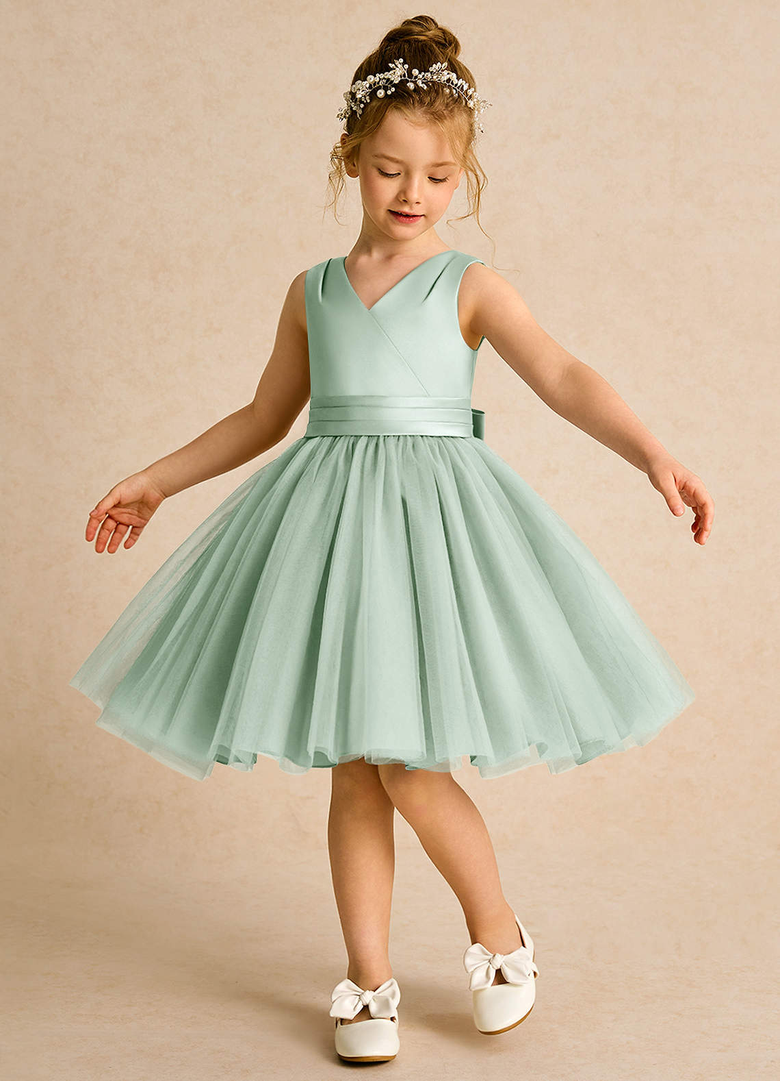 Azazie Tadpole Flower Girl Dresses Agave A-Line Pleated Matte Satin Dress image1