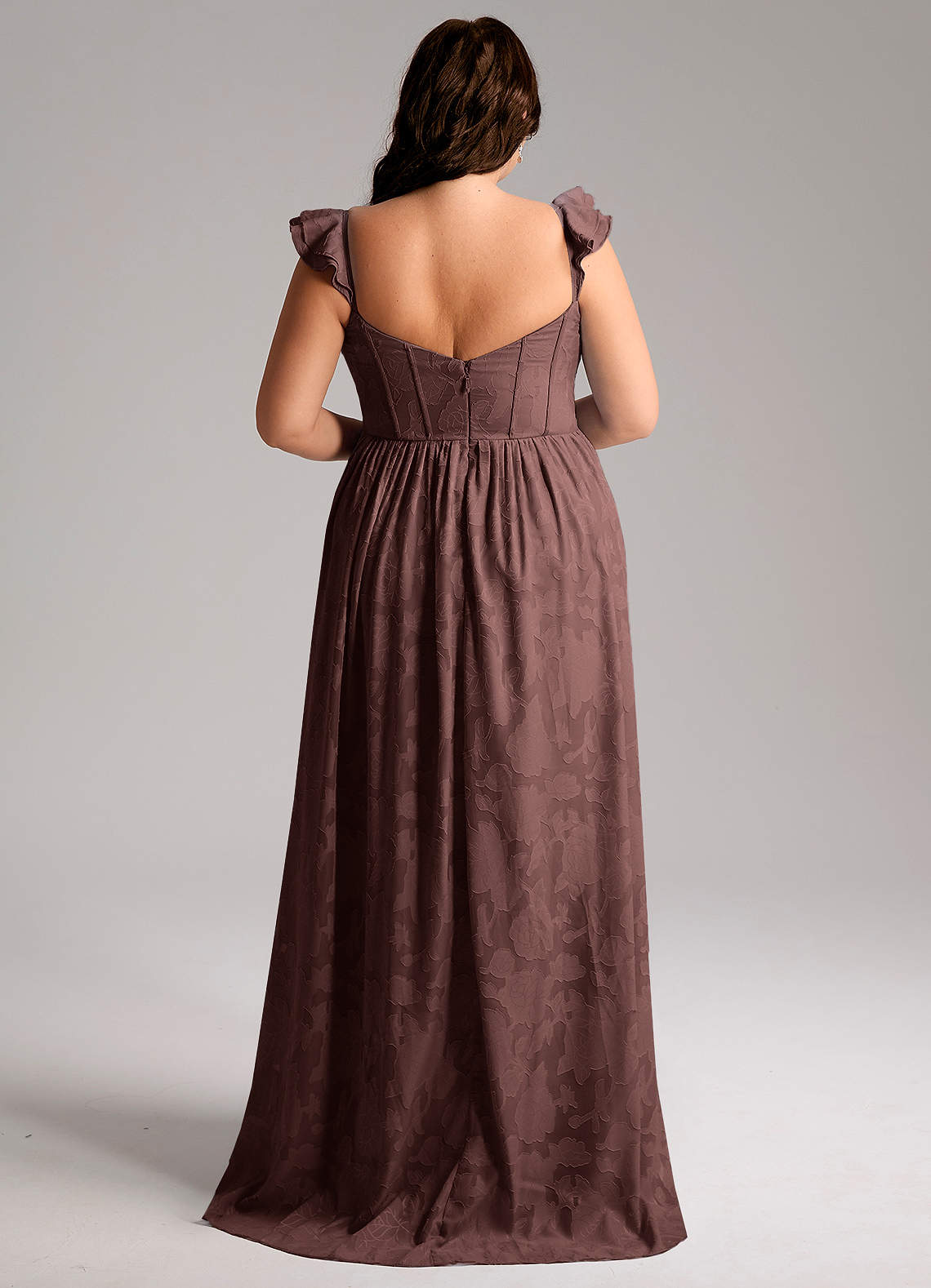 Azazie Denisse Vestidos de madrinha de casamento Vestido Café Expresso de Esgotamento Floral de Linha A com Ruched image7