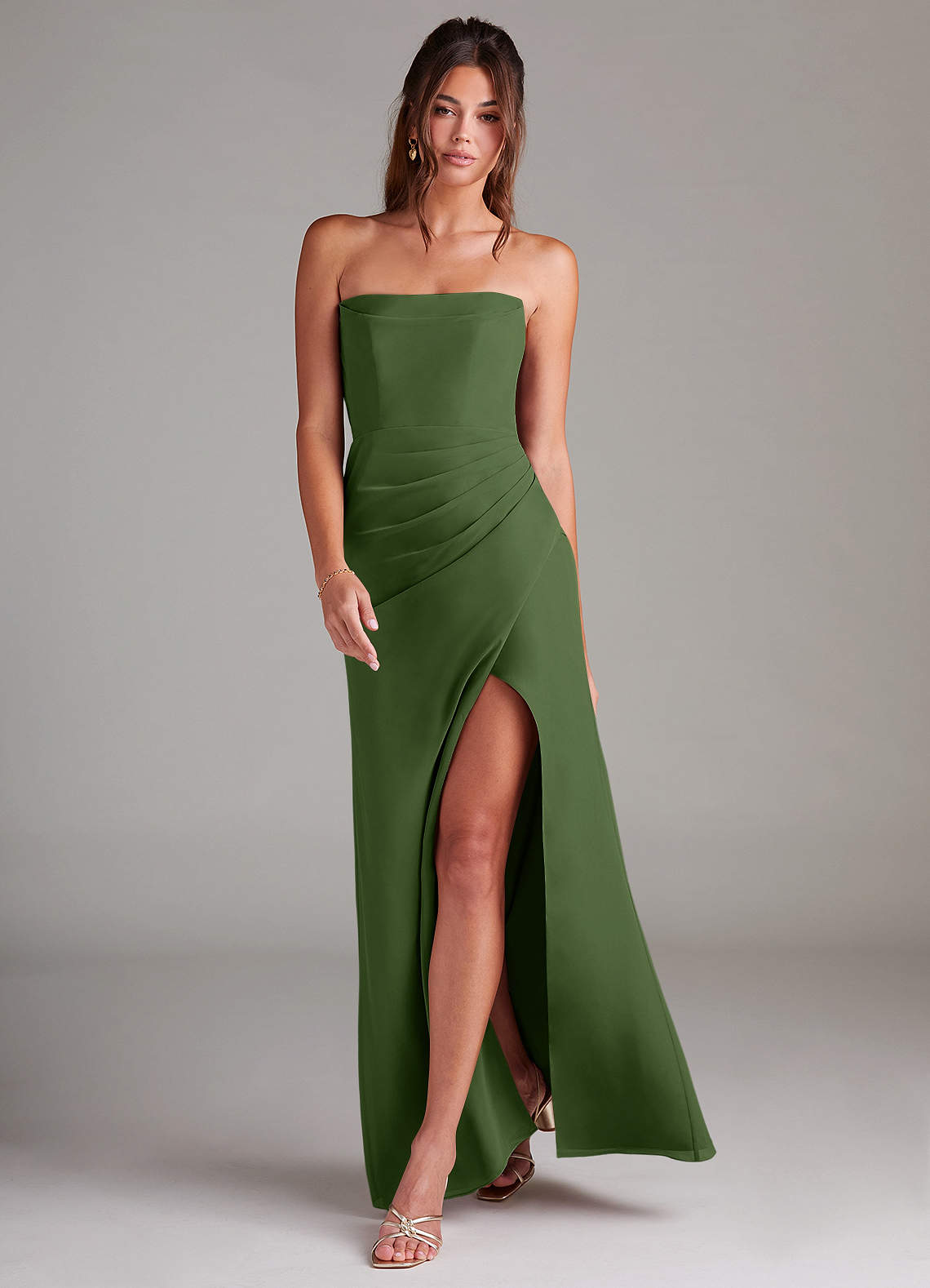 Azazie Leonis Vestidos de madrinha de casamento Vestir Oliva de Chiffon de Bainha com Sem alças image6