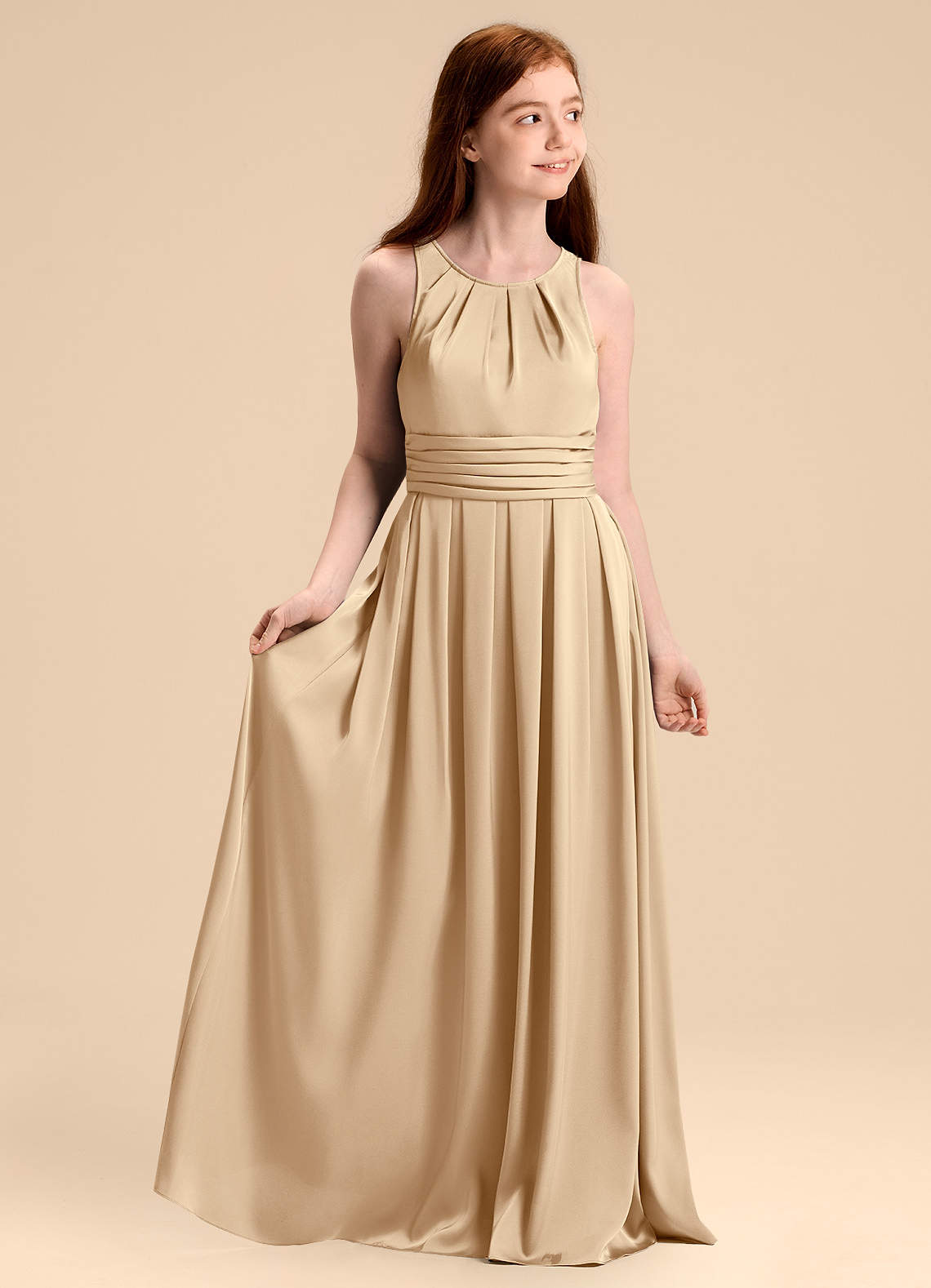 Azazie Bibiane Junior Jurk van Stretch Satijn met A-Lijn Geplooid Champagne image1