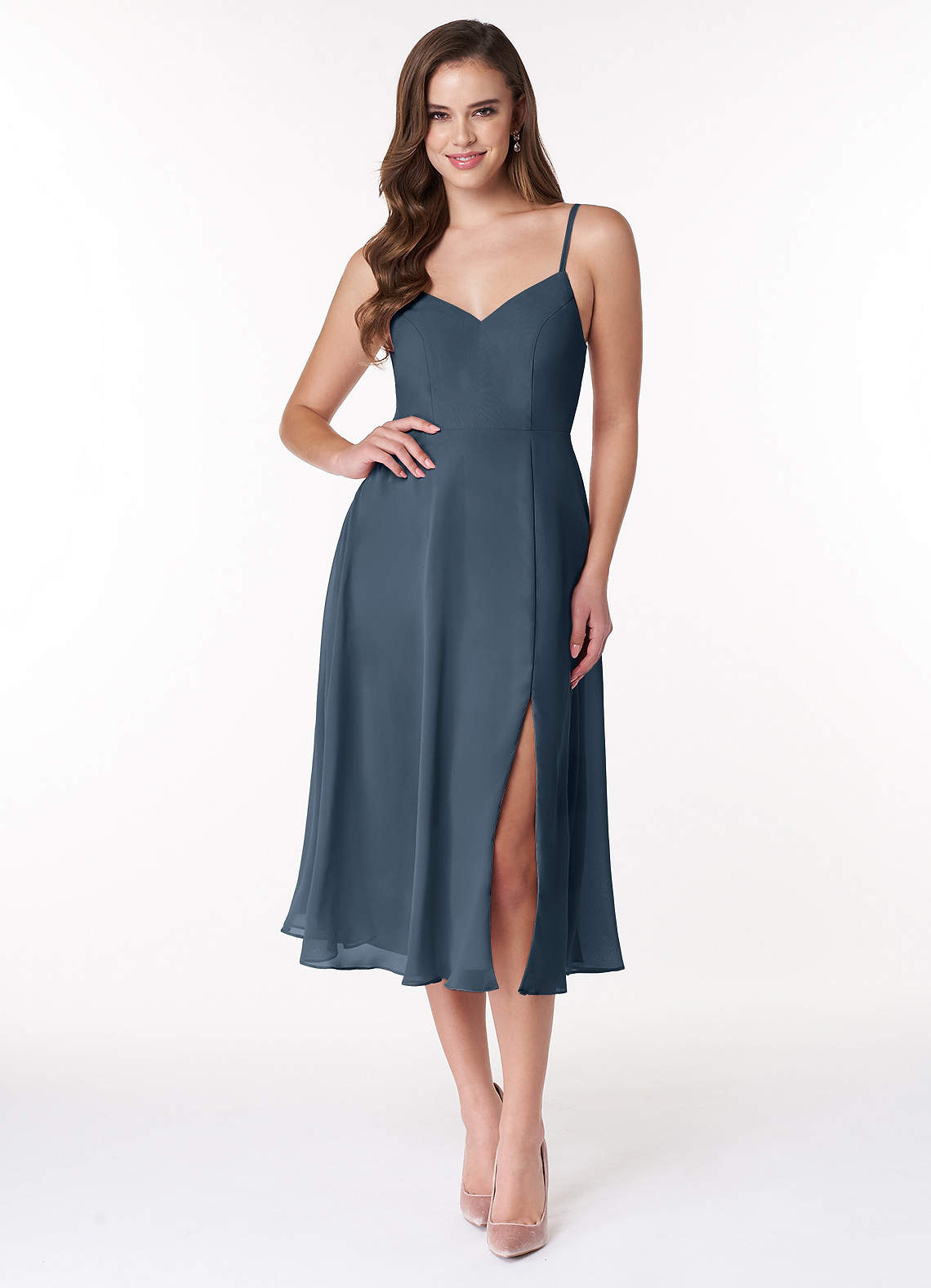 Azazie Clarissa Brautjungfernkleider A-Linie V-Hals Chiffon Kleid Neptunblau image1
