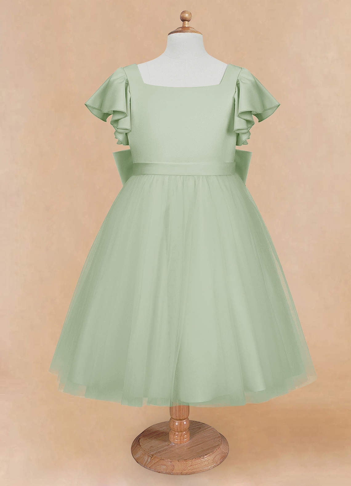 Azazie Kaeya Robe Demoiselle D'honneur Fillette Robe Trapèze en Tulle Arc Vert Sauge image4