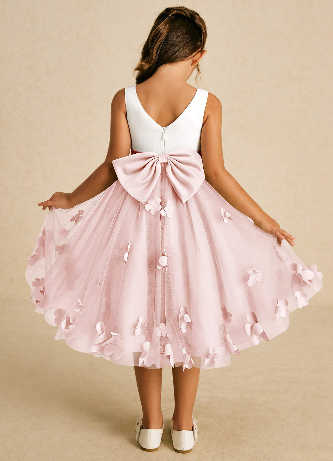 Azazie Sprout Flower Girl Dresses Blushing Pink A-Line Bow Tulle Dress image1