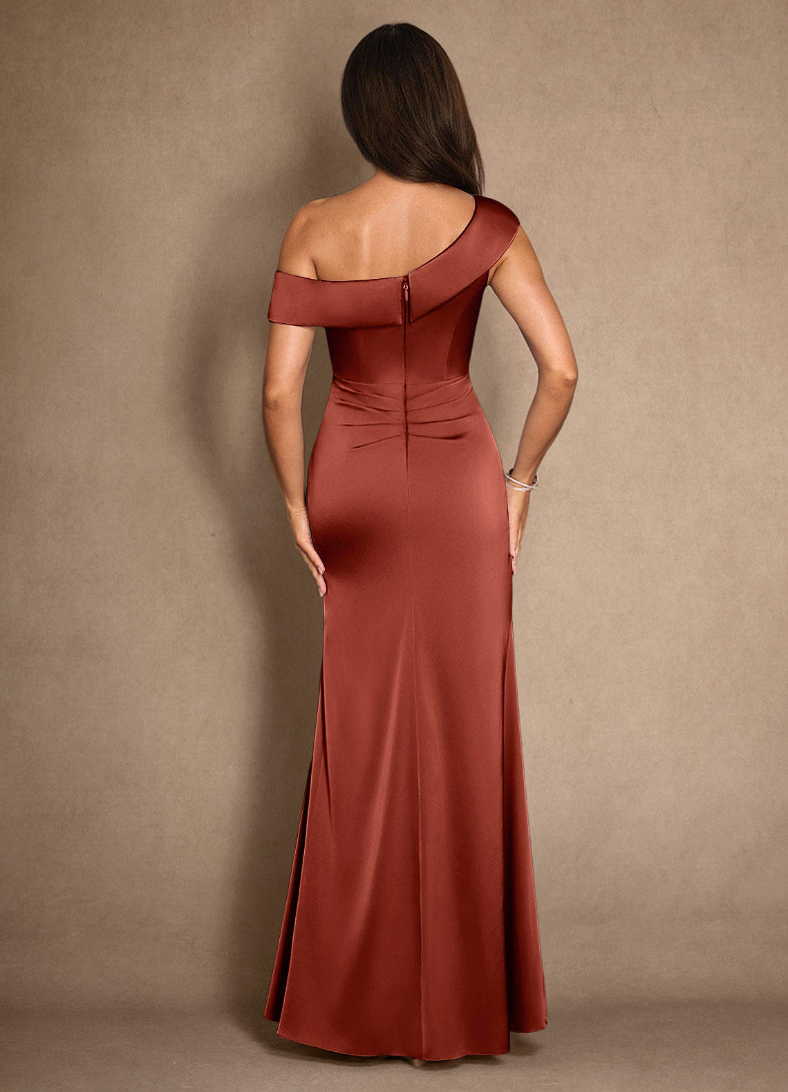 Azazie Hamptons Mother of the Bride Dresses Terracotta A-Line Pleated Stretch Satin Dress image1