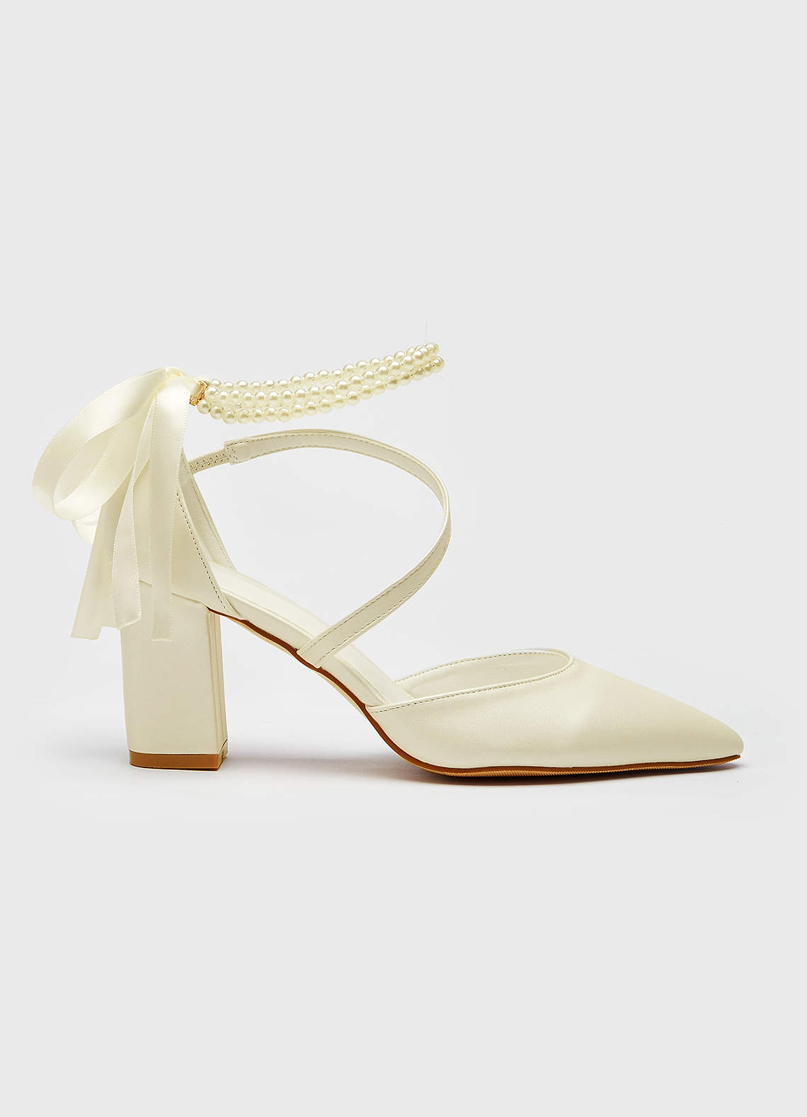 front Pearl Ankle Strap and Bow Pointed Toe Block Heels