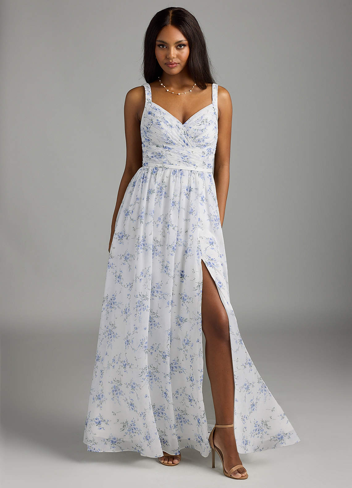 Azazie Chanel Jurken voor bruidsmeisjes Jurk van Chiffon met A-Lijn Geplooid Blauw Huisje Bloemen image1