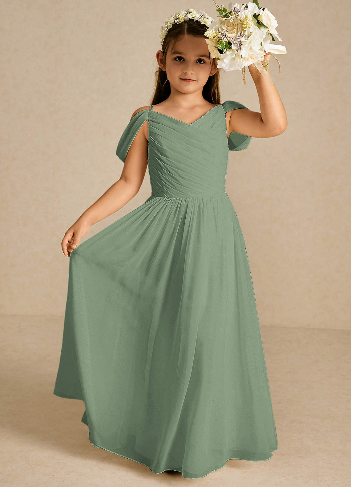 Azazie Chelle Vestidos de florista Vestir Matchá de Chiffon de Linha A com Plissado image1