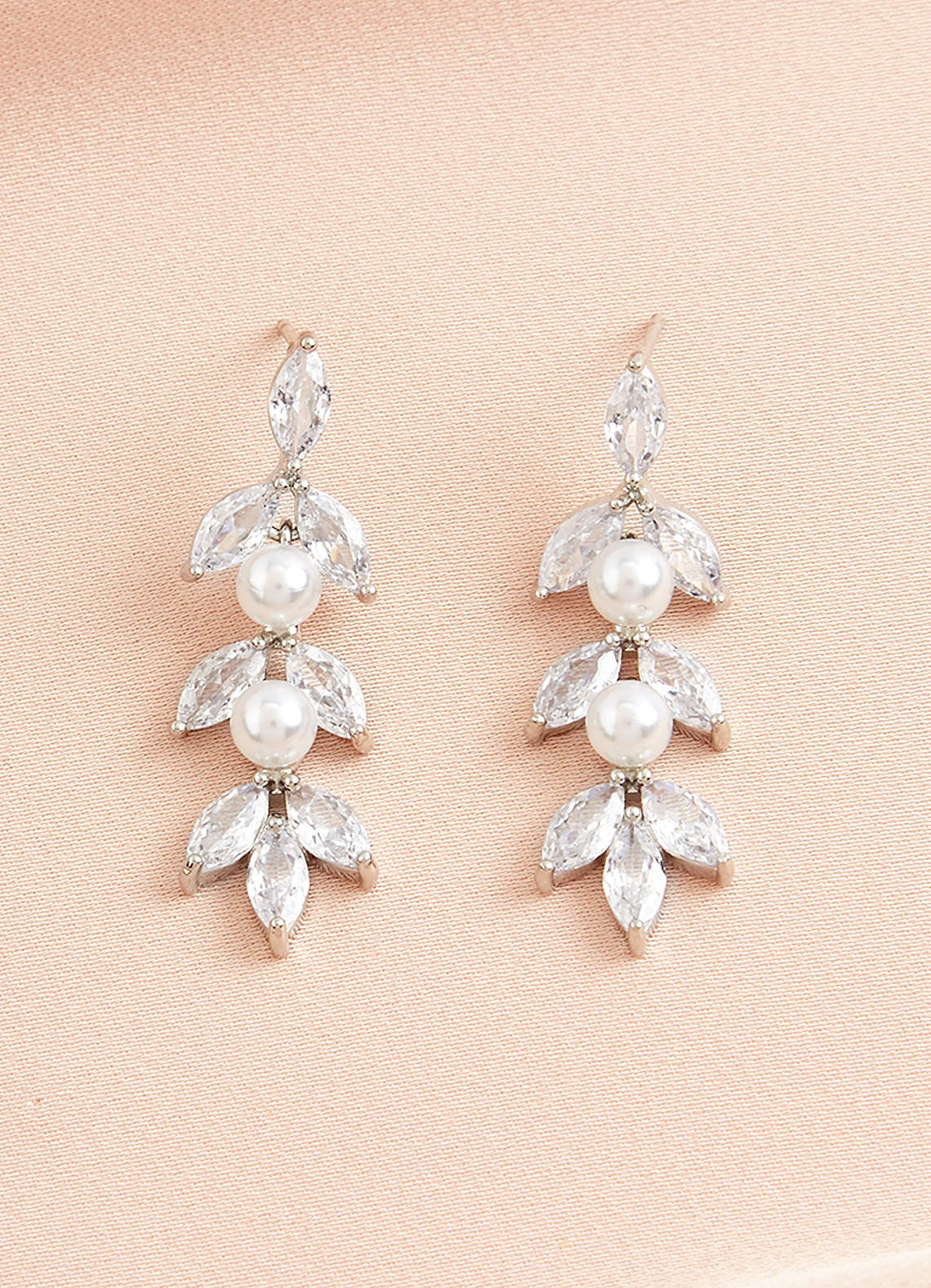 front Rhinestone Leaves and Pearls Drop Earrings