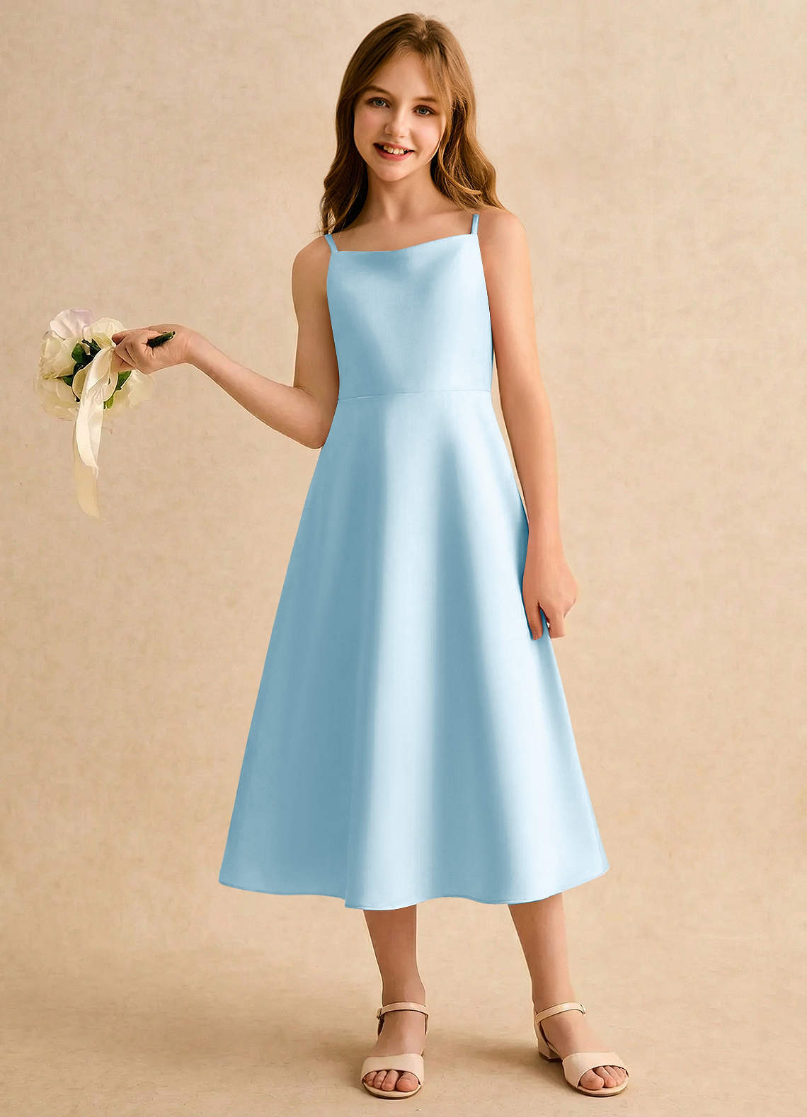 Azazie Jaella Girls Formal Sukienki dla dziewczynek sypiących kwiaty Linia A Pofałdowany Matowy satynowy Długość herbaty Sukienka image1