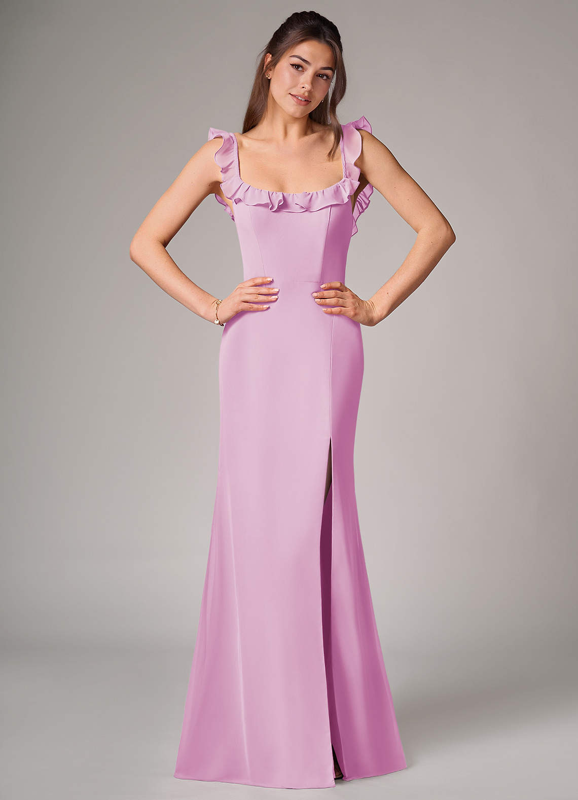 Azazie Callie Robes de demoiselle d'honneur Robe Sirène Convertible en Mousseline de soie Fente Latérale Rose Bonbon image1